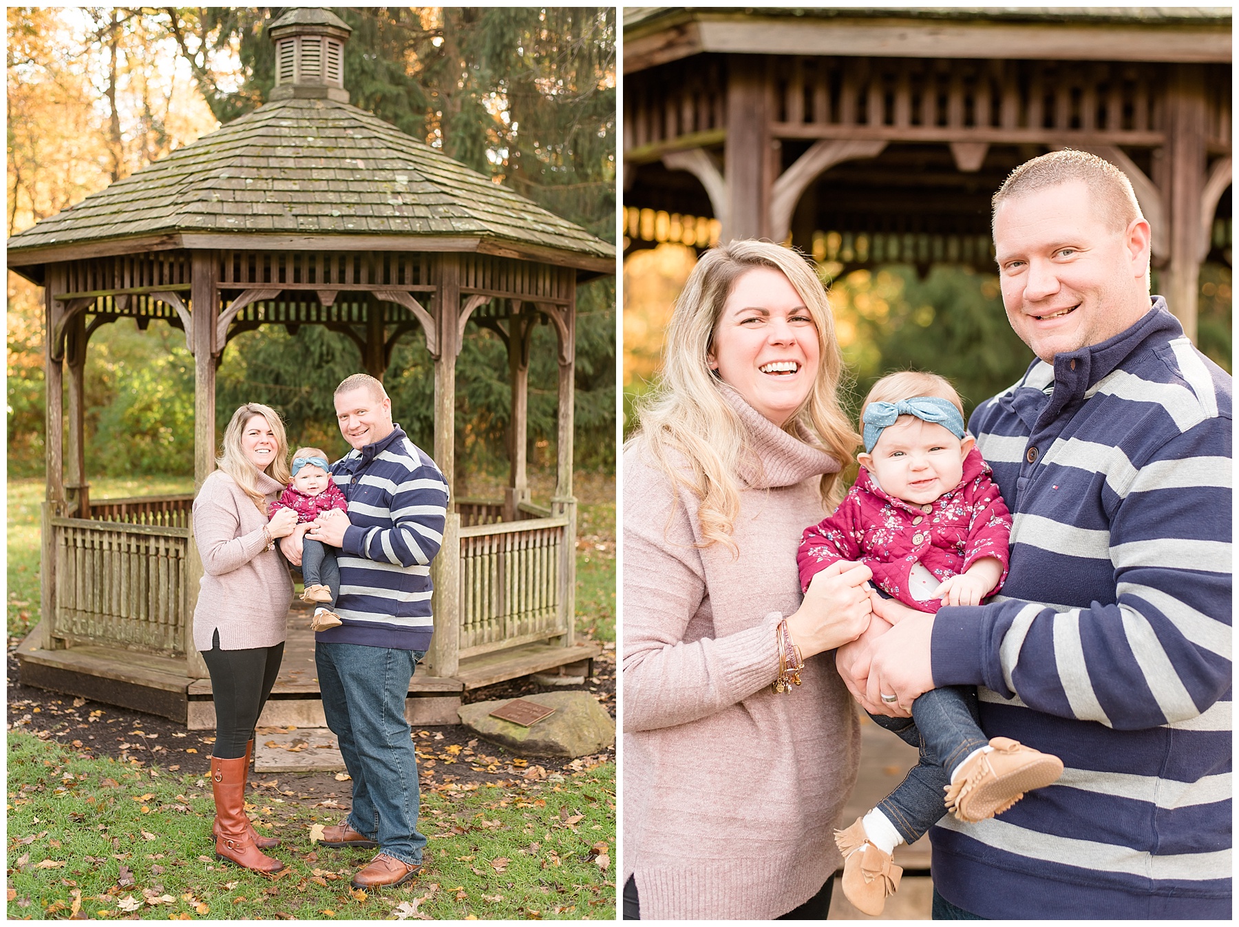 Family standing in front of gazebo at Holcomb Gardens 