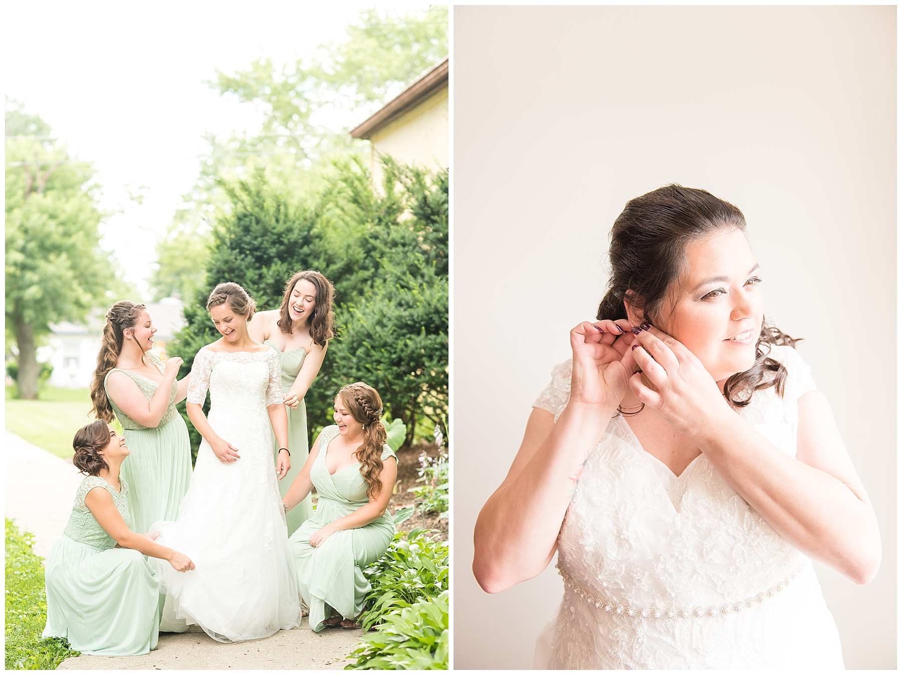 Bride in lace wedding dress putting in earrings in the 2018 wedding photography favorites. Bride surrounded by bridesmaids in sage green bridesmaid dresses in 2018 wedding photography favorites.