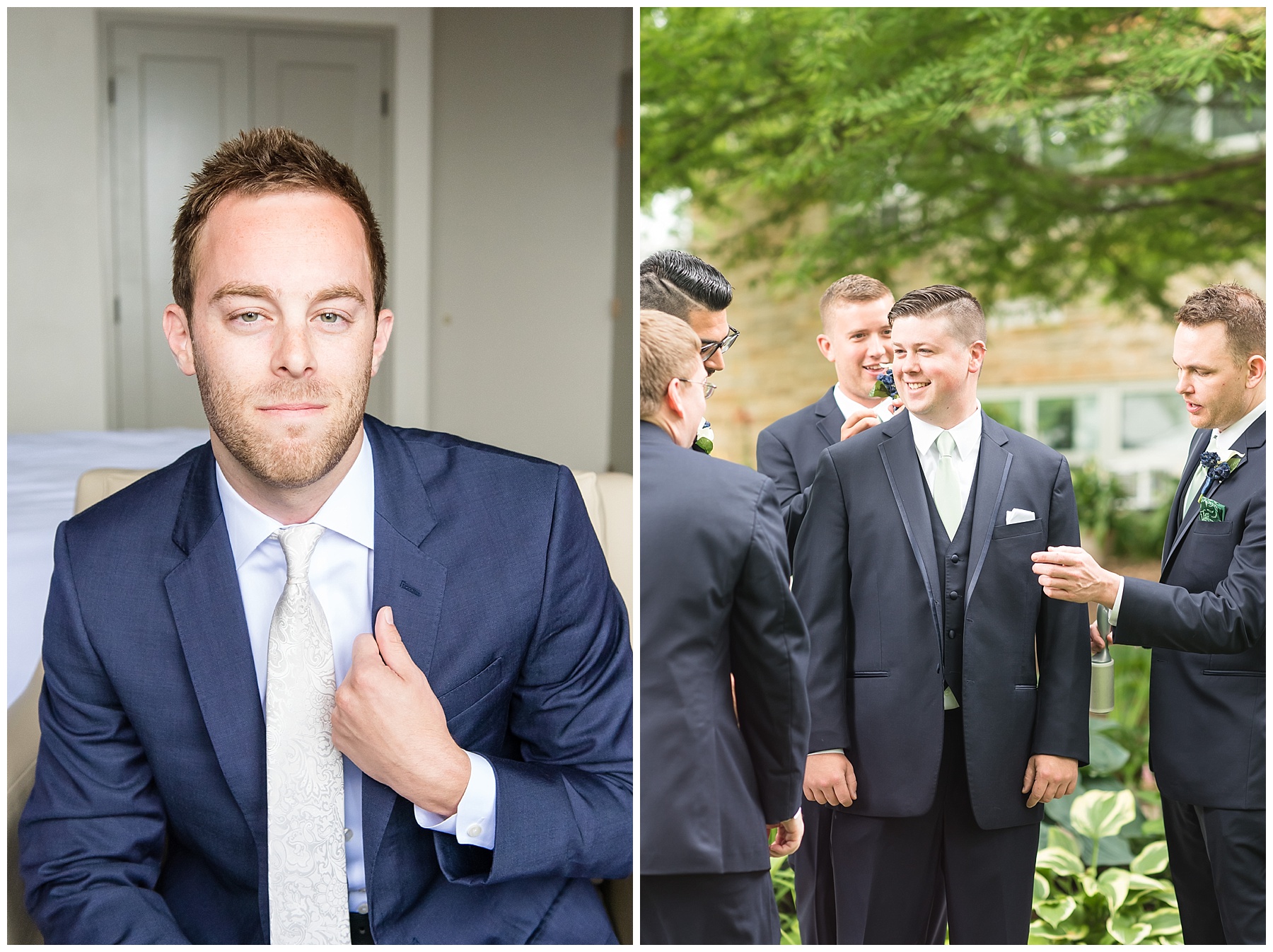 Groom smiling at camera while holding lapel of navy suit jacket in the 2018 wedding photography favorites
