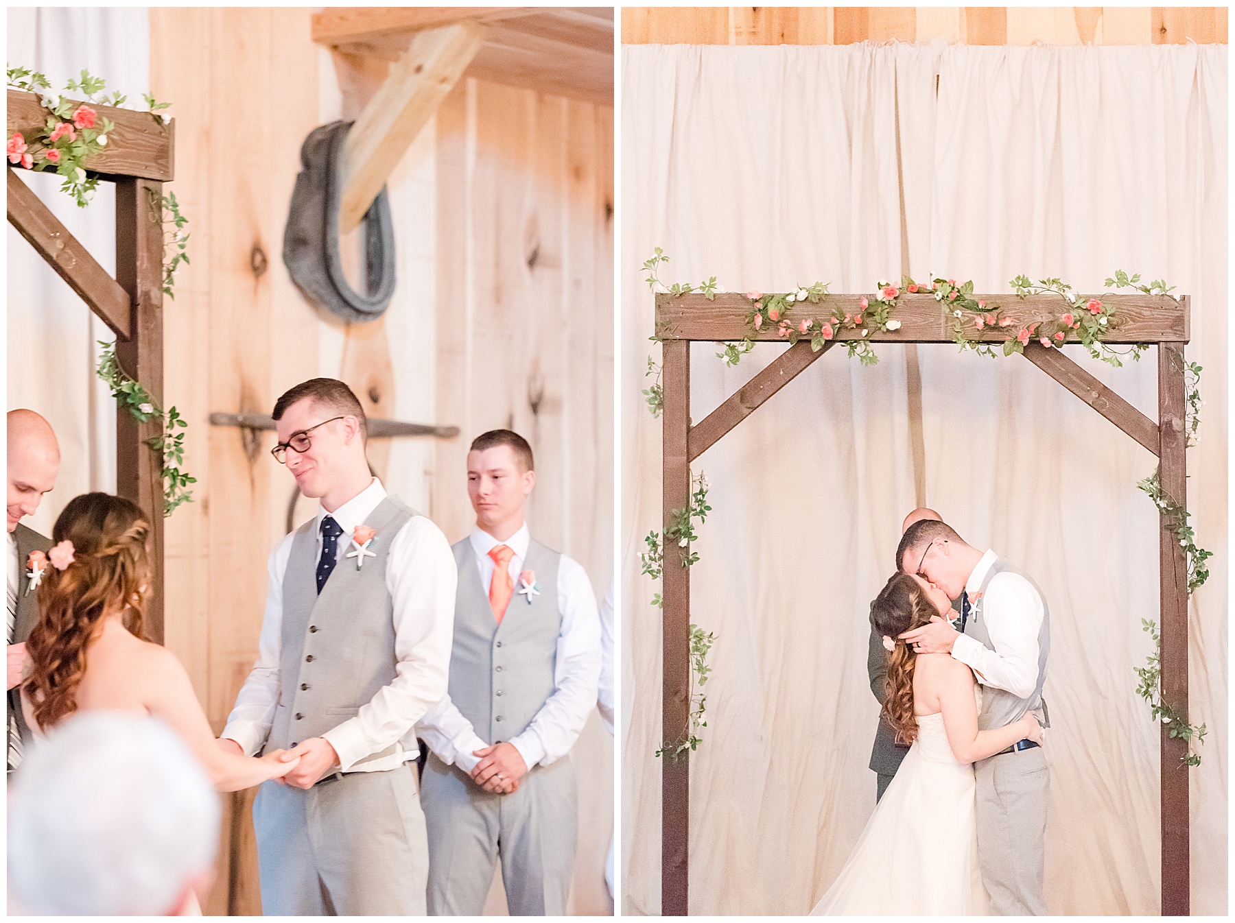 Bride and groom kissing under wooden arch in wedding photography favorites