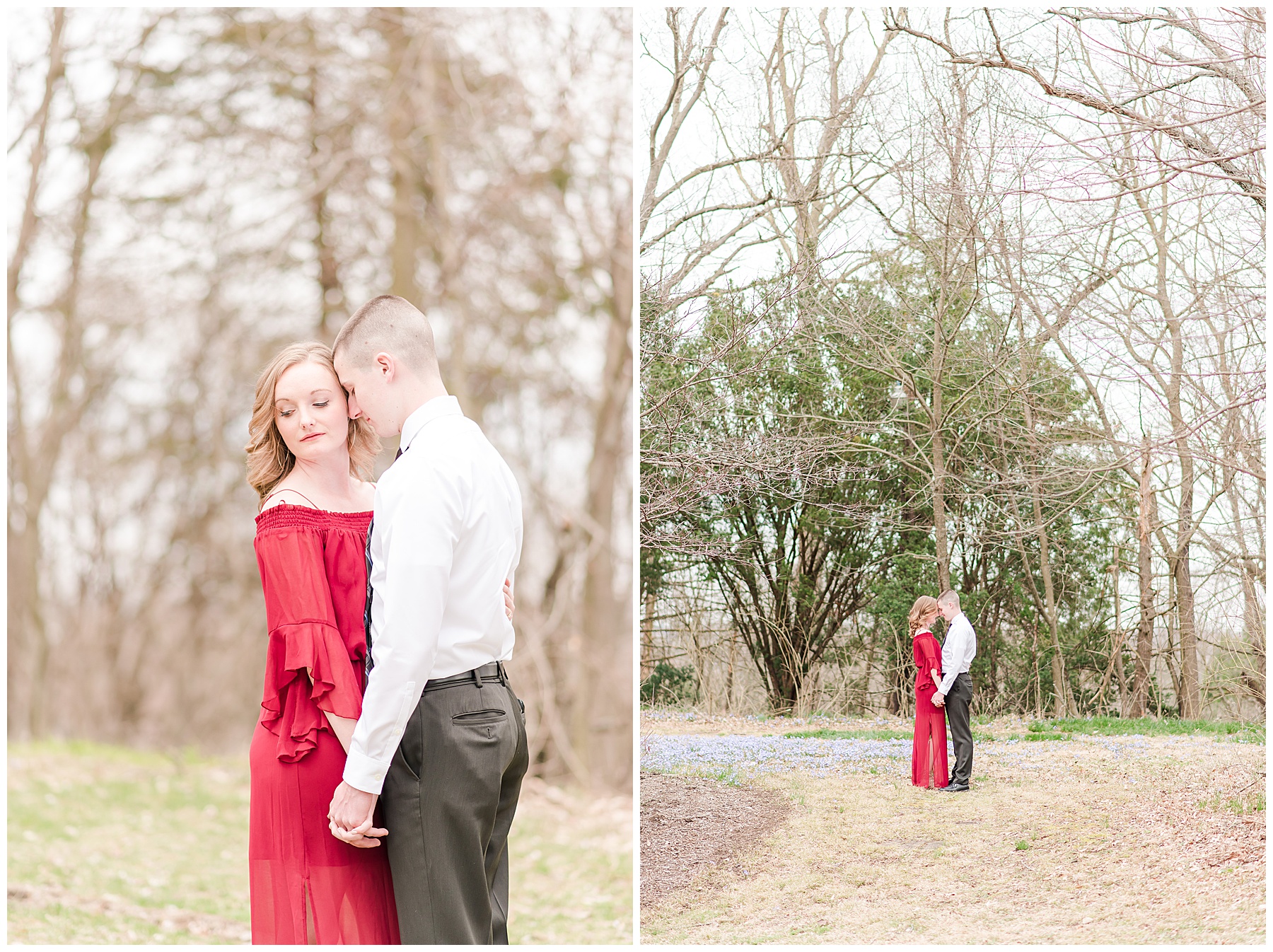 Bride in red dress is chest to chest with the groom, holding hands and resting foreheads together for an engagement session at Glenns Valley Nature Park