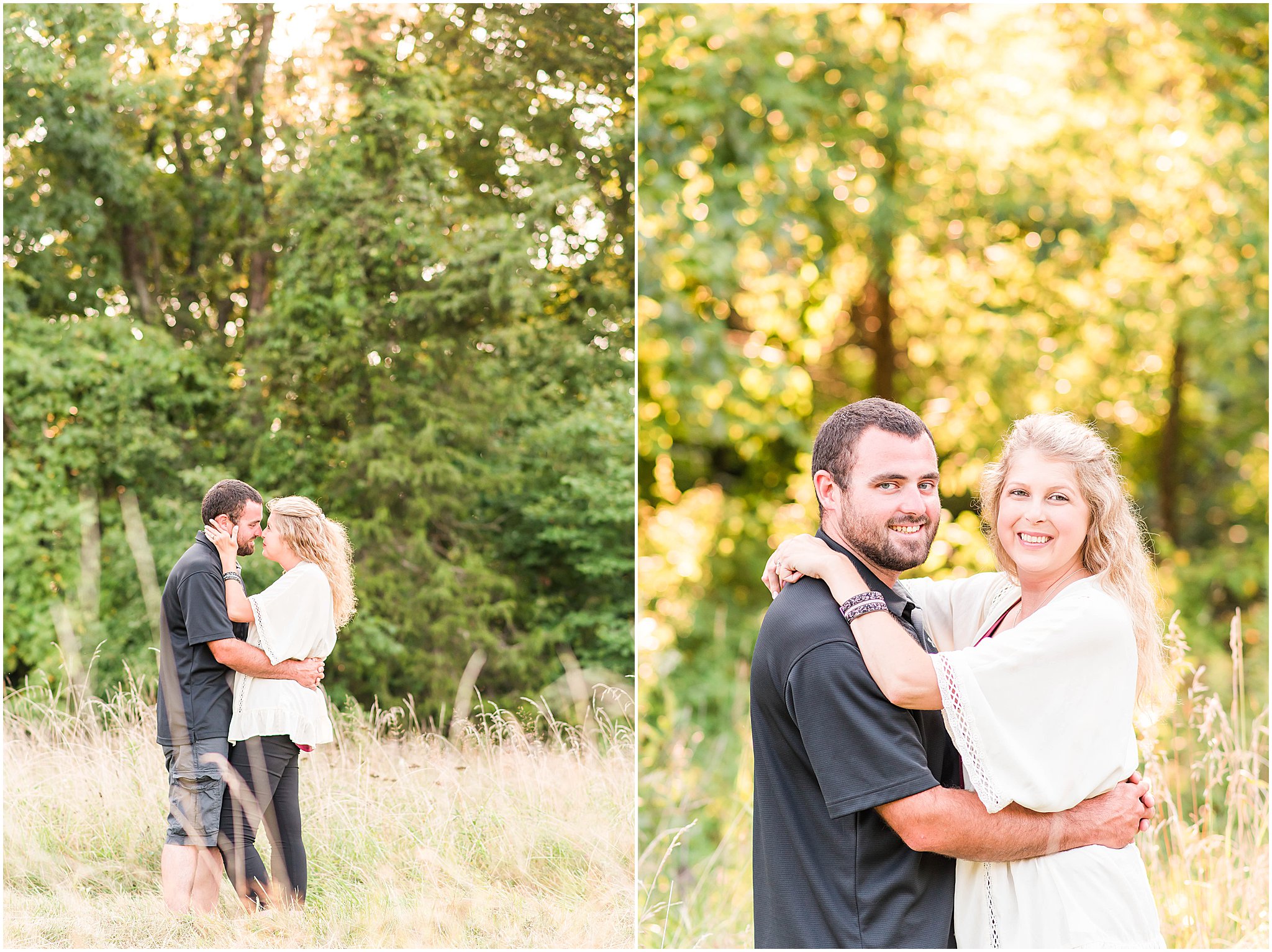 Bloomfield Indiana engagement session standing in field at sunset