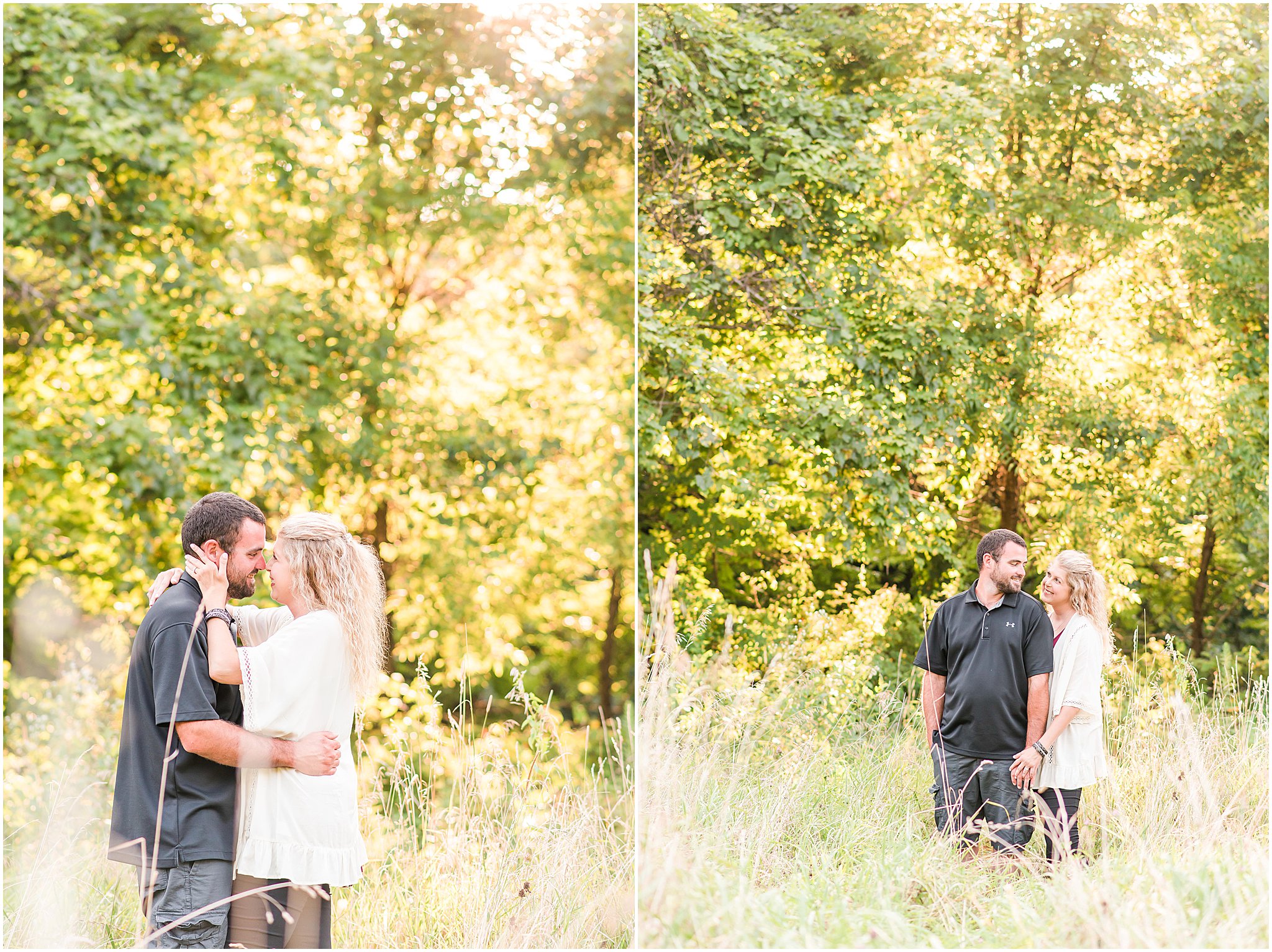 Bloomfield Indiana engagement session couple smiling at each other while standing in field at sunset