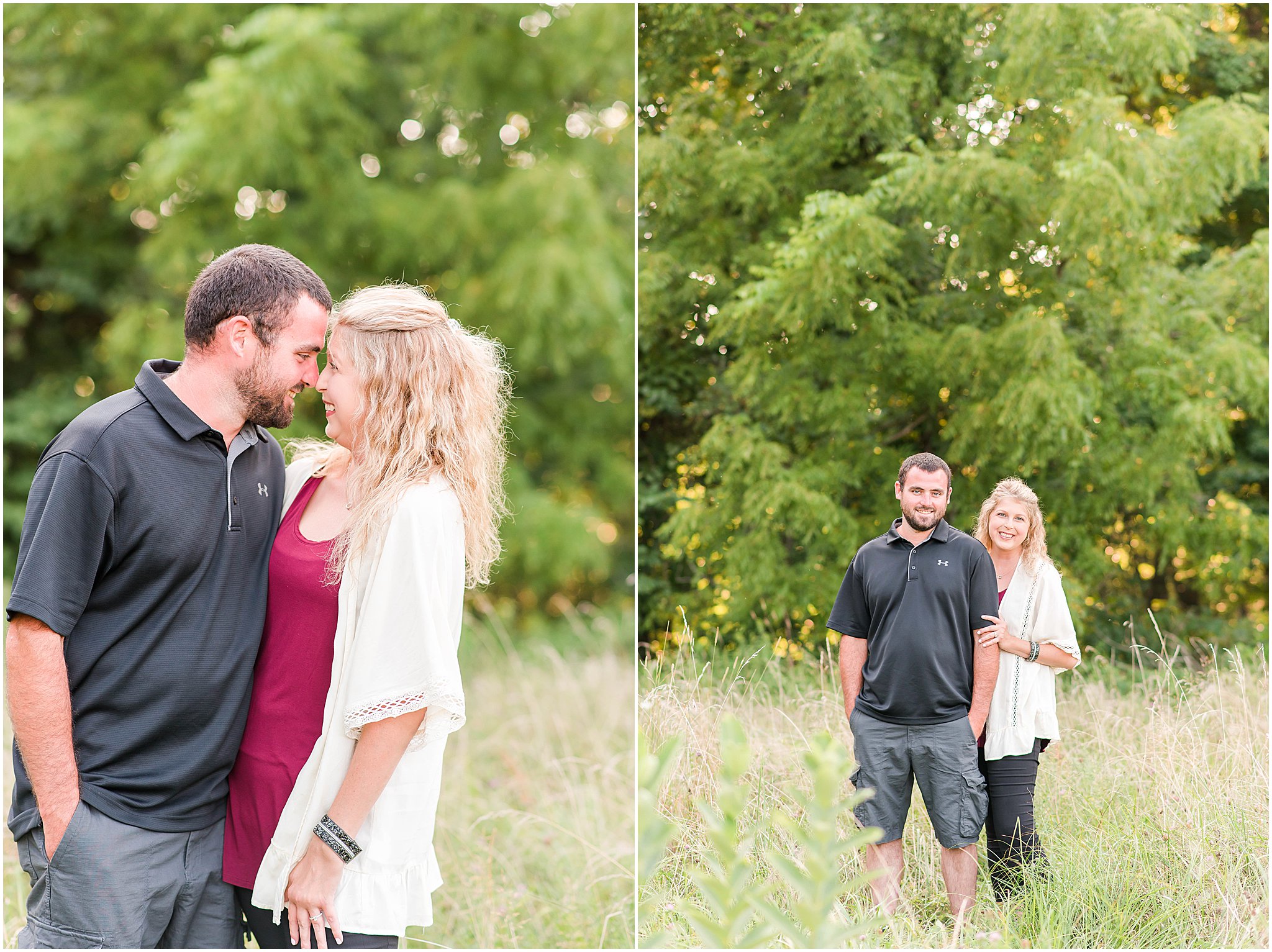 Bloomfield Indiana engagement session guy and girl standing in field touching nose to nose