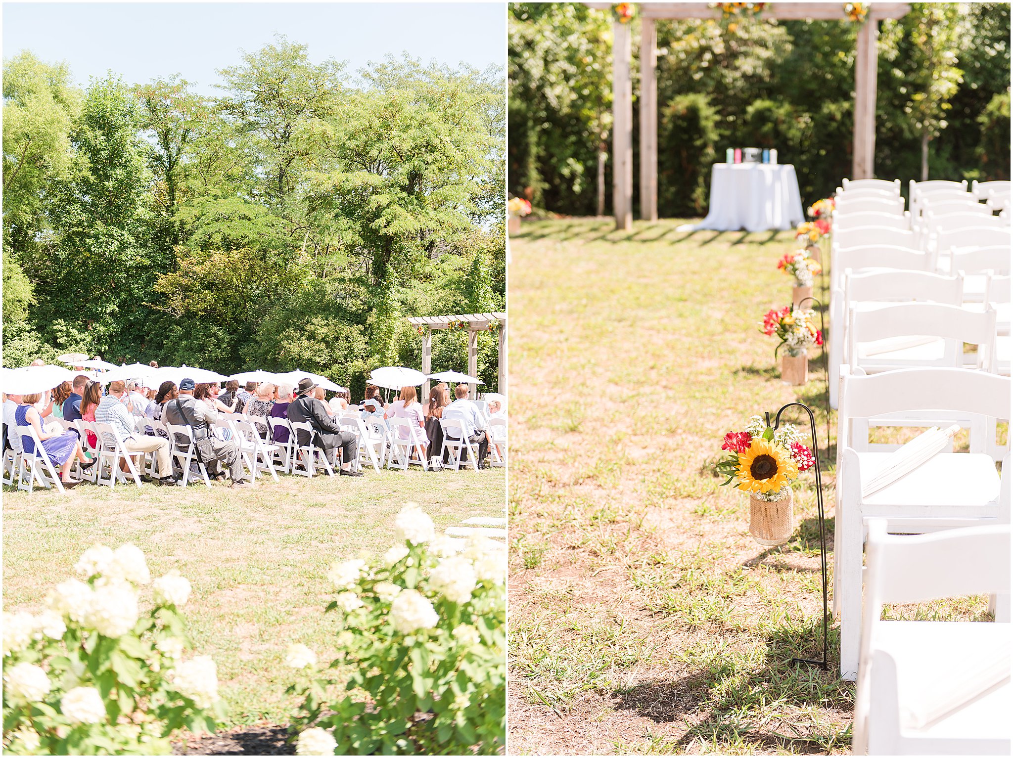 Guest sit under parasols during wedding at The Hawthorns Golf and Country Club