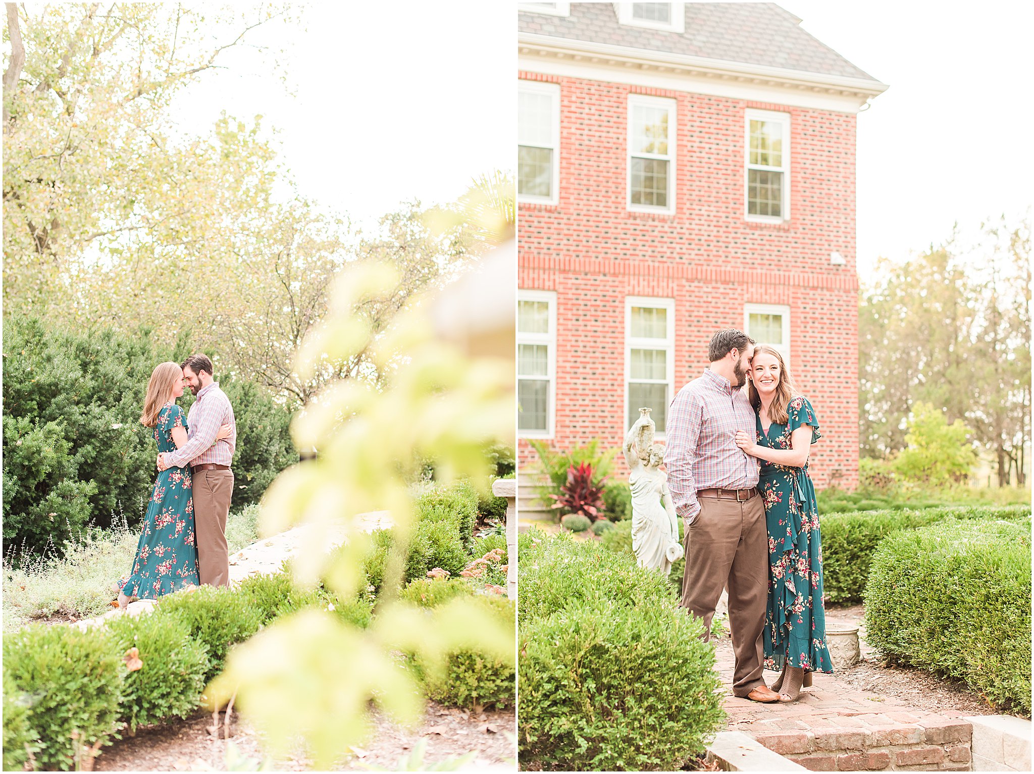 Bride and groom nuzzling during Coxhall Gardens engagement session
