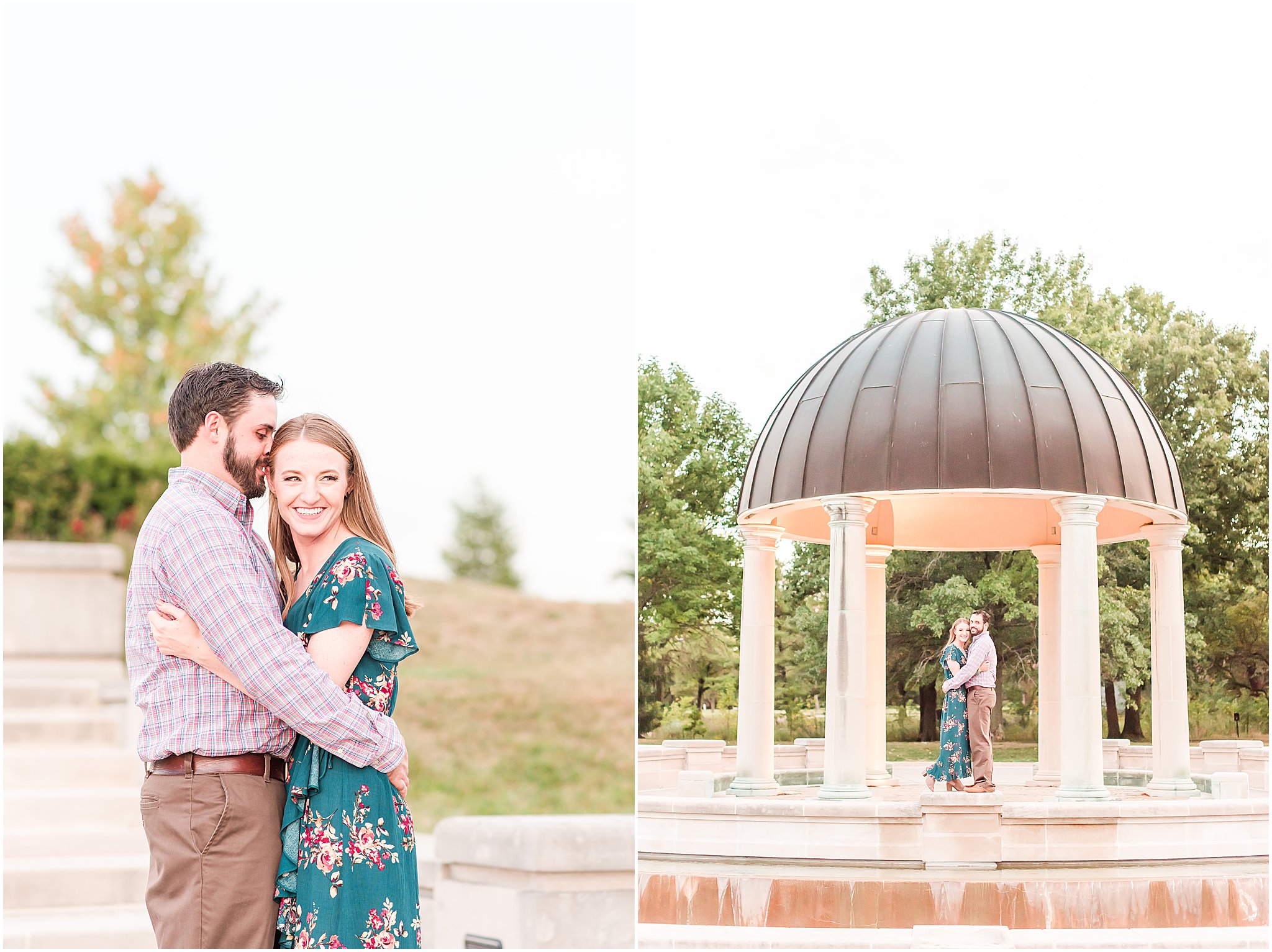 Bride and groom smiling from gazebo during Coxhall Gardens engagement session