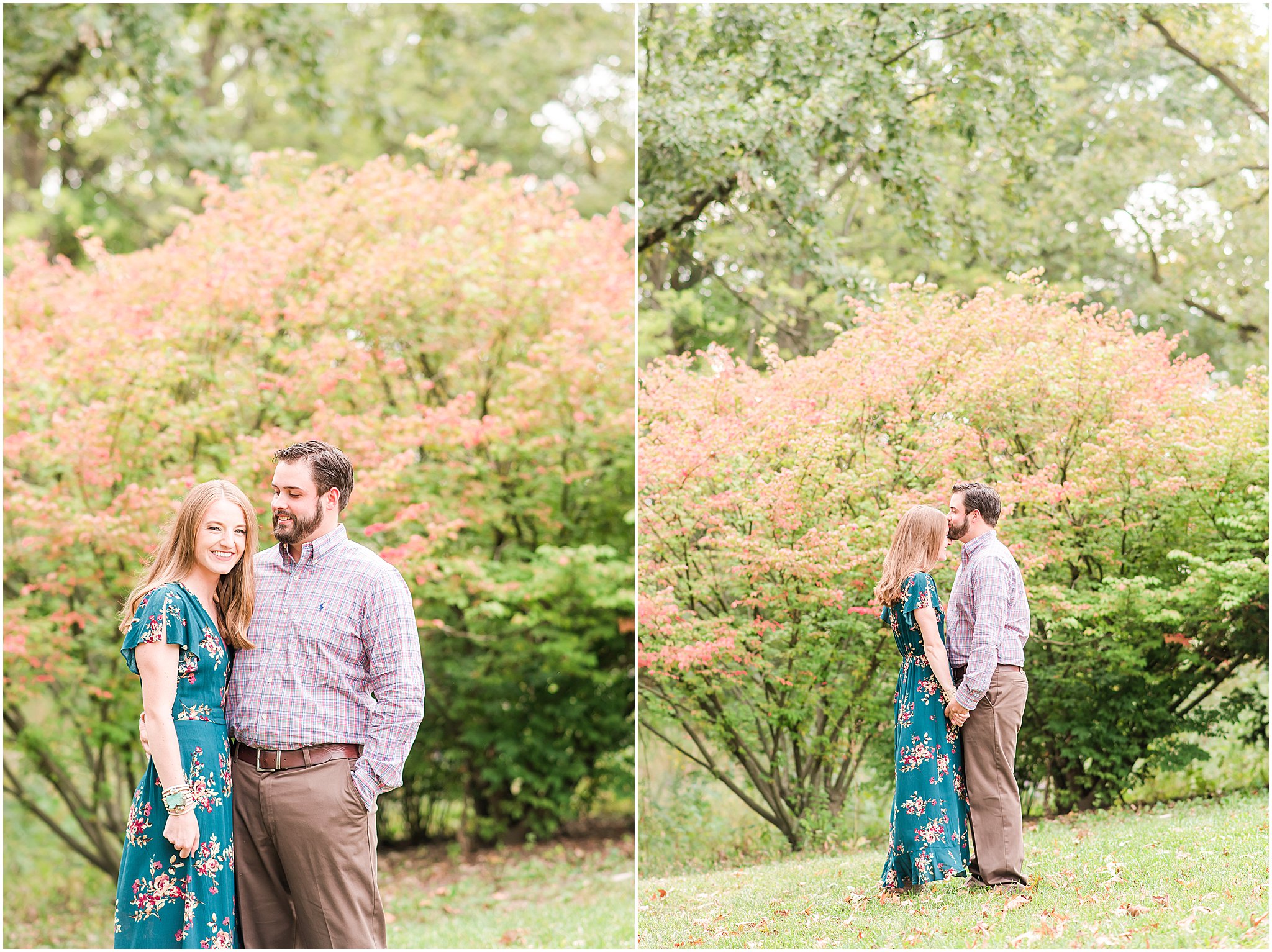Groom kissing bride on forehead during Coxhall Gardens engagement session