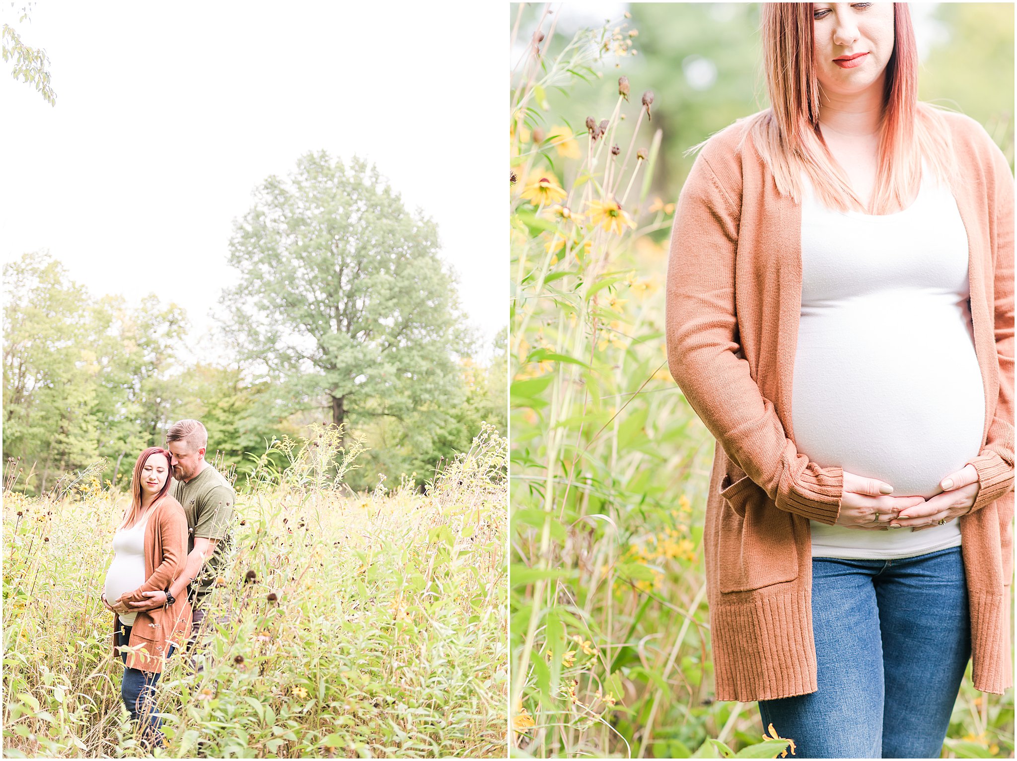 Pregnant woman holding low on belly during Eagle Creek Park maternity session