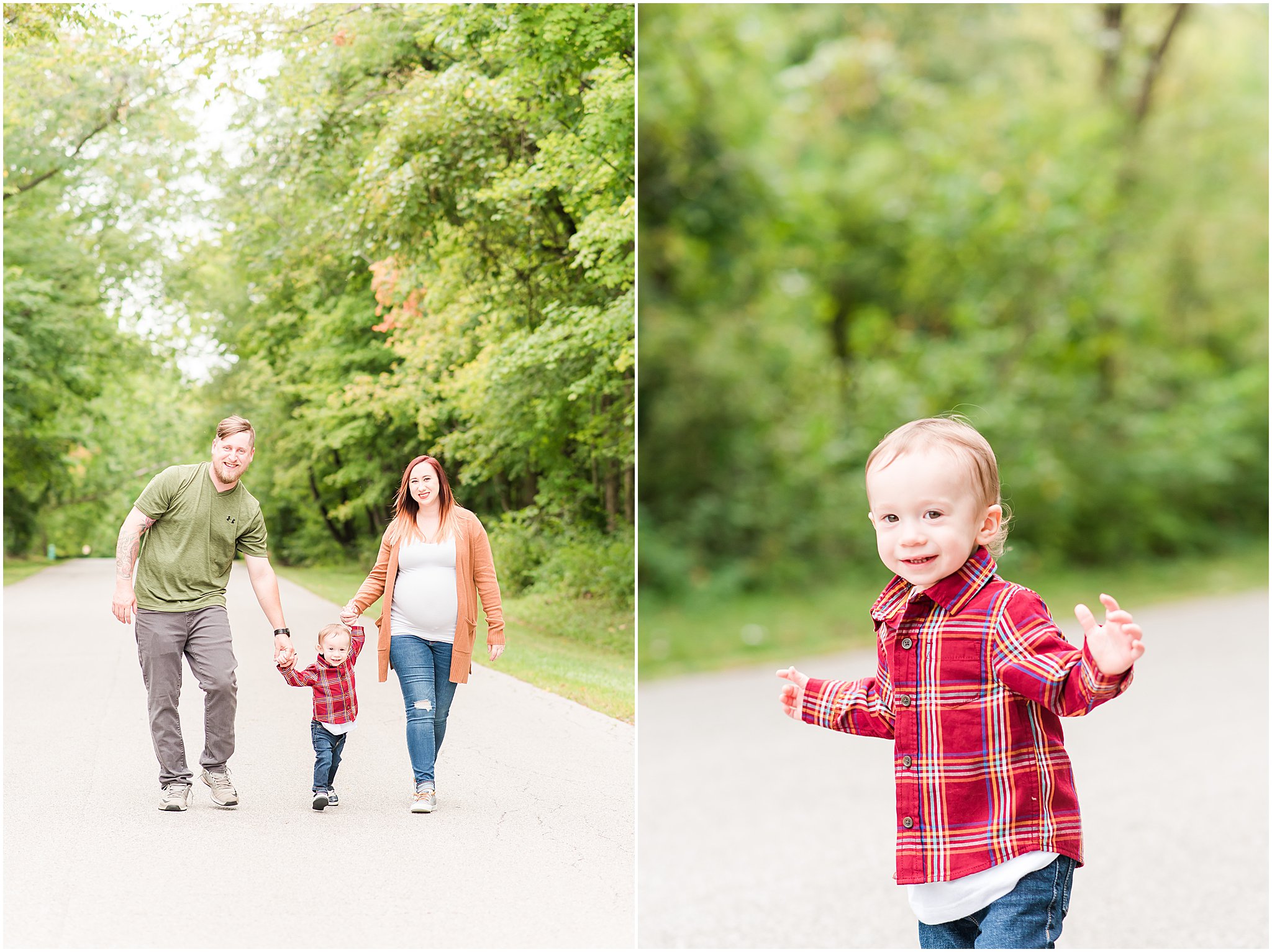 Family of three walking down road smiling at camera during Eagle Creek Park maternity session