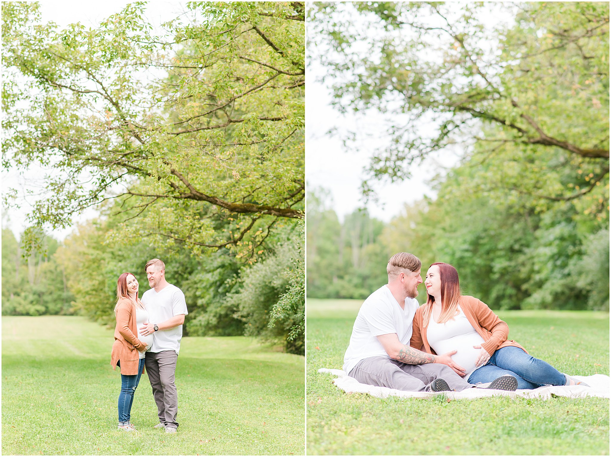 Husband and wife sitting snuggled on a blanket holding pregnant belly during Eagle Creek Park maternity session