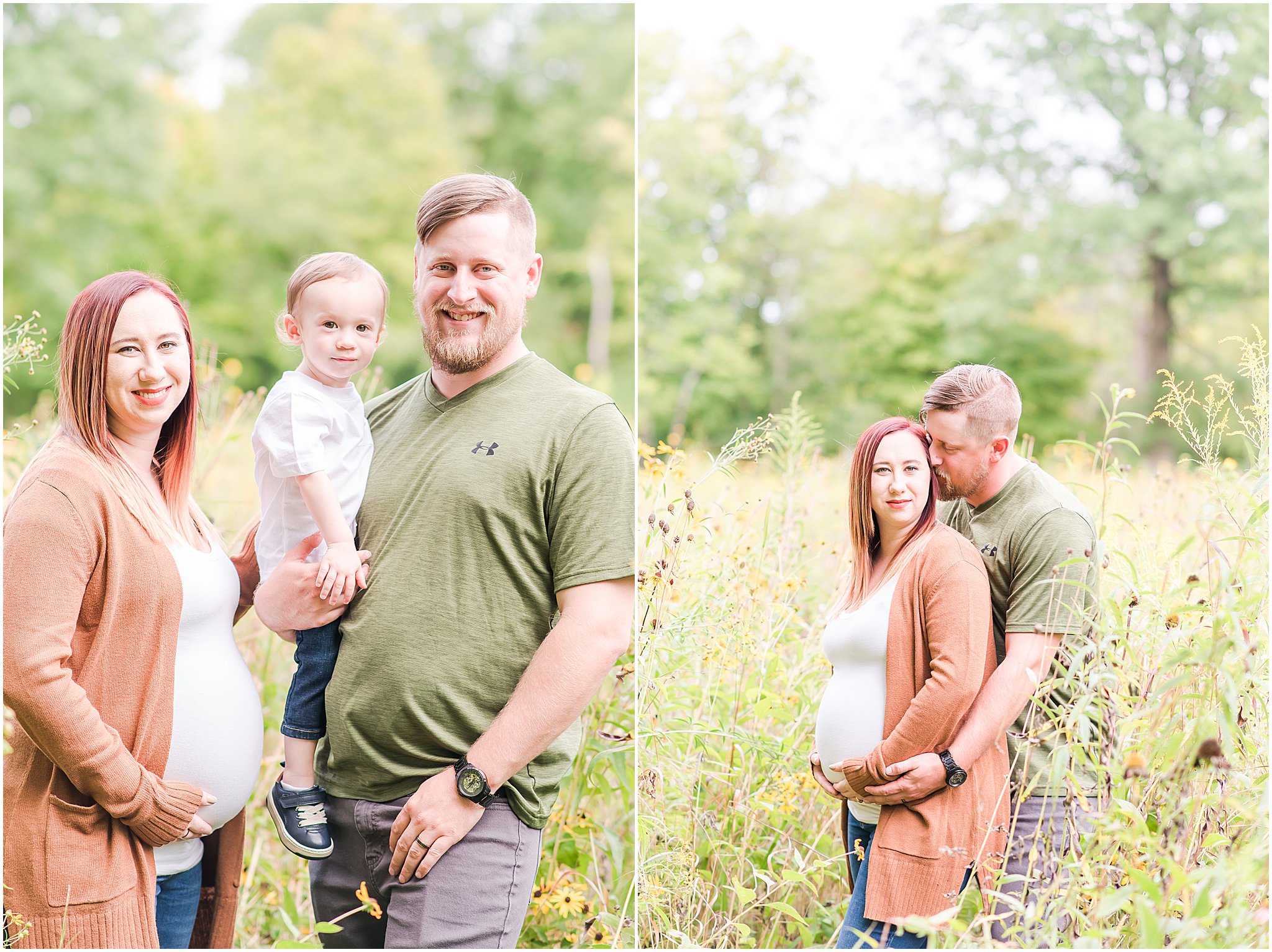 Dad hugging pregnant wife from behind during Eagle Creek Park maternity session
