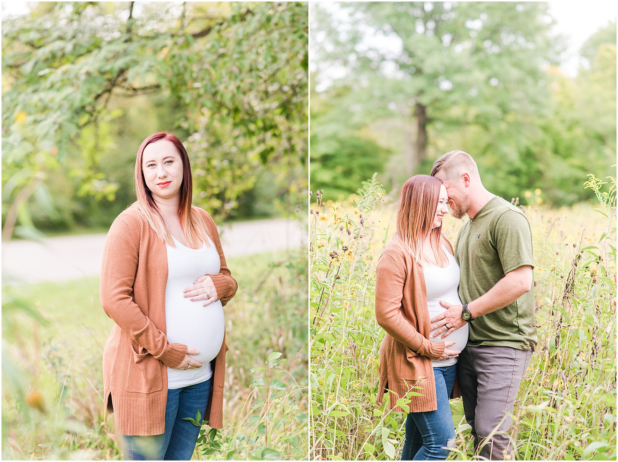 Husband and wife holding pregnant belly and laughing during Eagle Creek Park maternity session