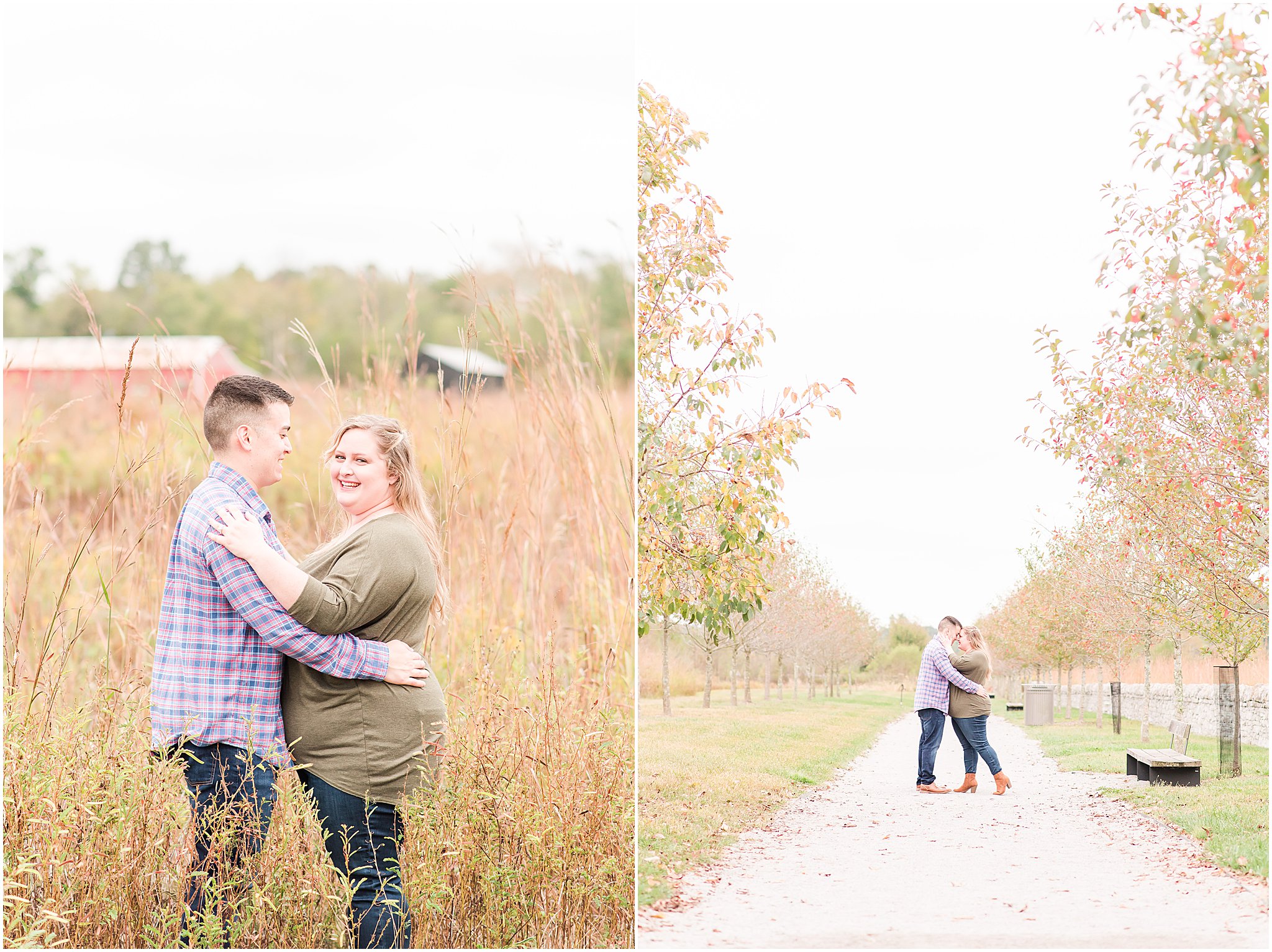 Couple smiling while in a field during Beckley Creek Park engagement session