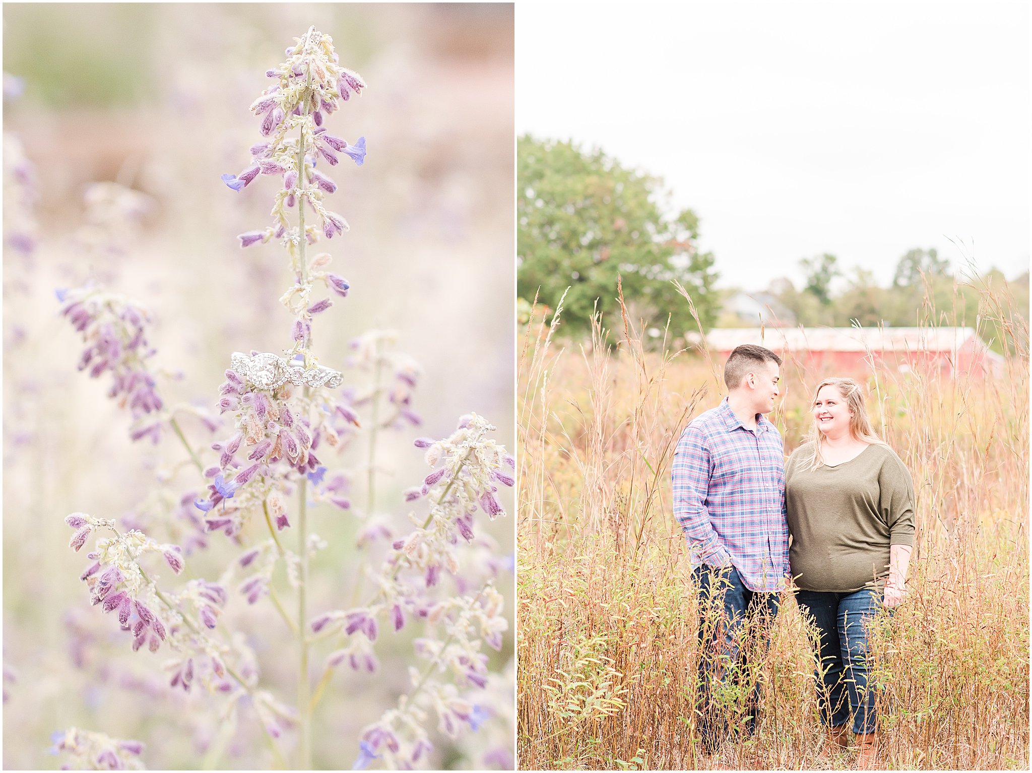 Couple holding hands walking through field during Beckley Creek Park engagement session