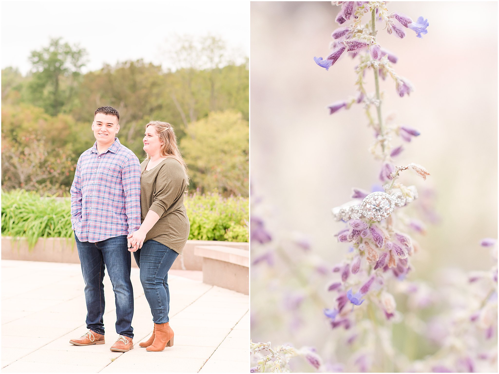 Couple holding hands and smiling during Beckley Creek Park engagement session