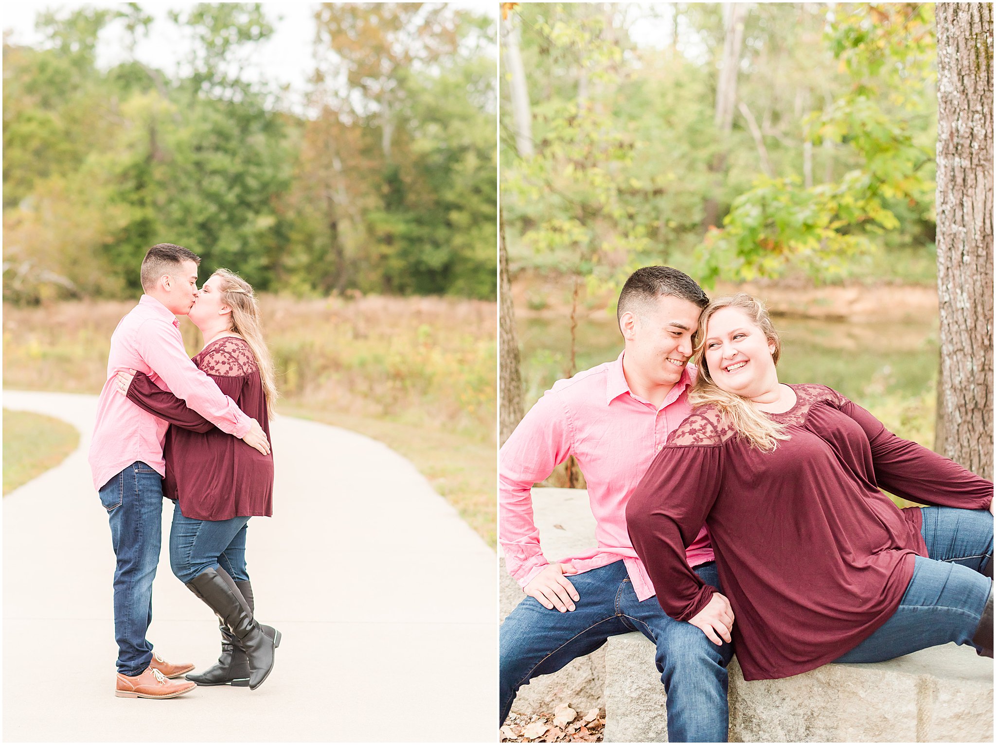 Couple nuzzling and laughing during Beckley Creek Park engagement session