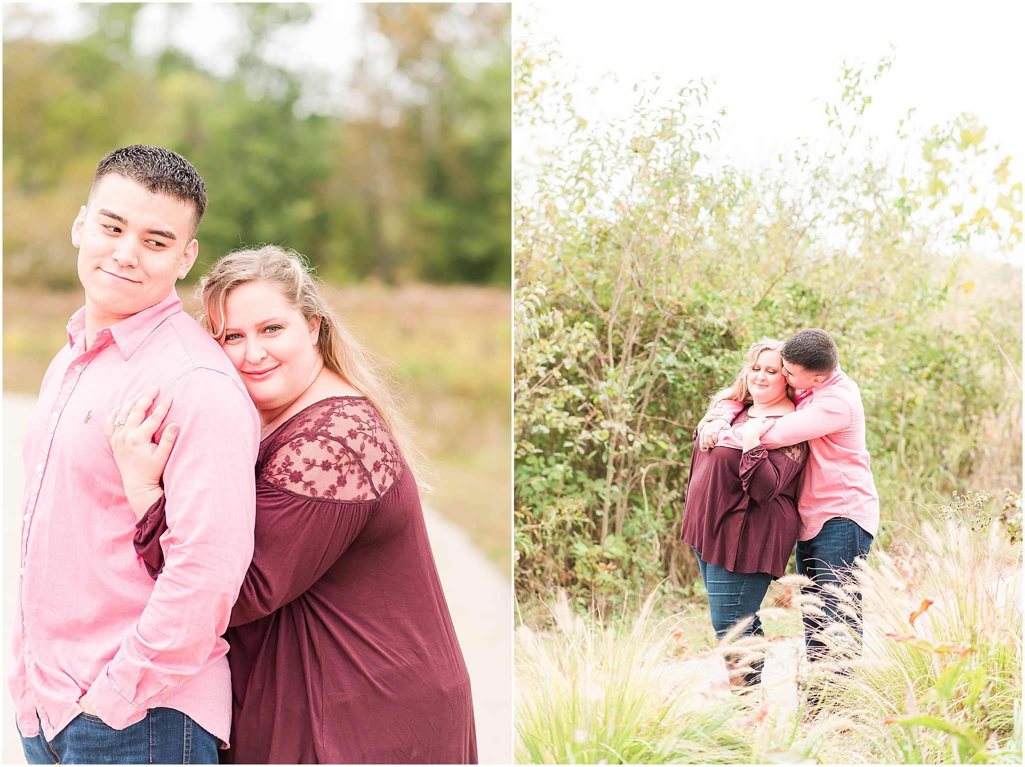 Couple smiling as they nuzzle during Beckley Creek Park engagement session