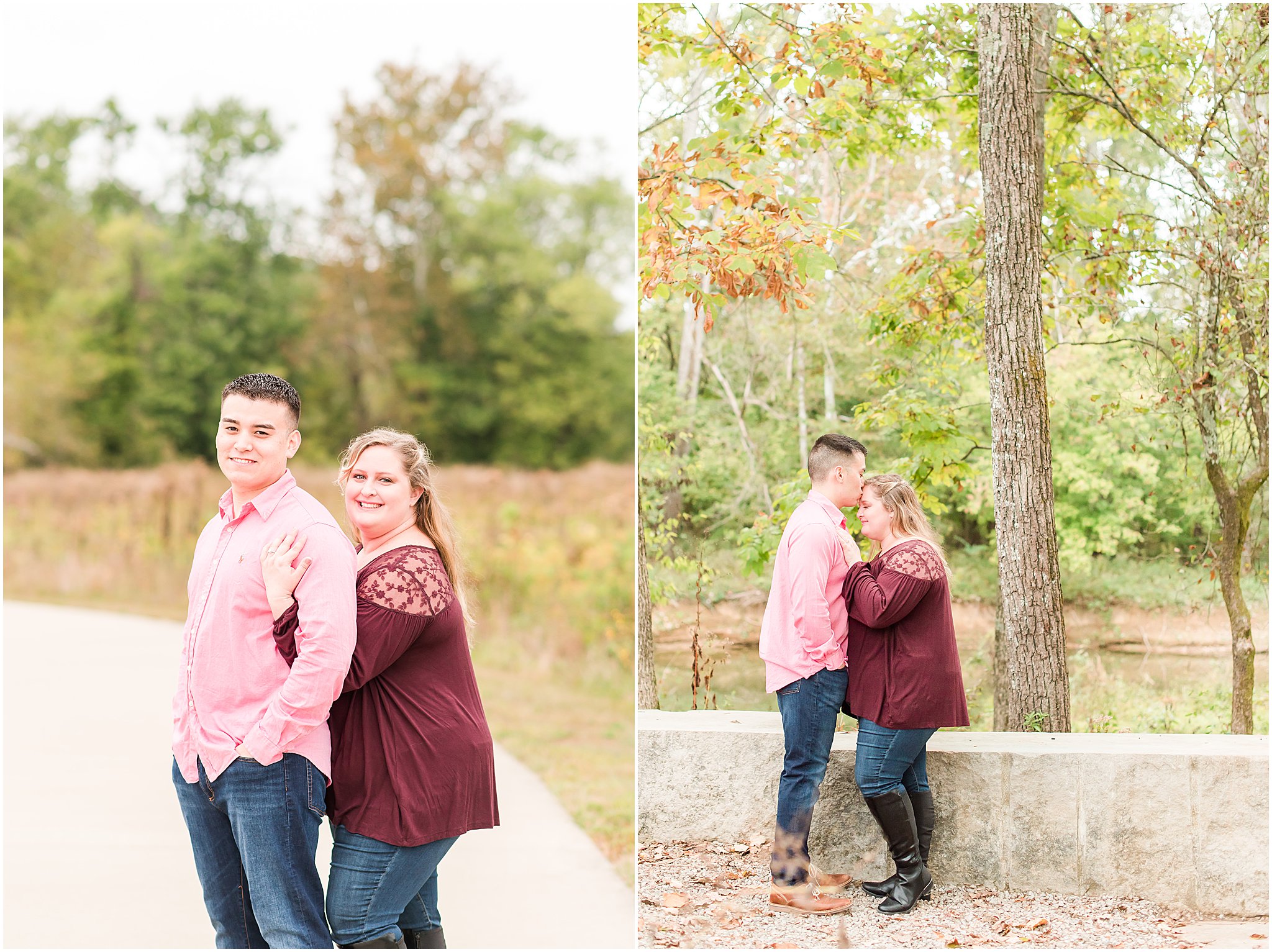 Man kissing woman on forehead during Beckley Creek Park engagement session