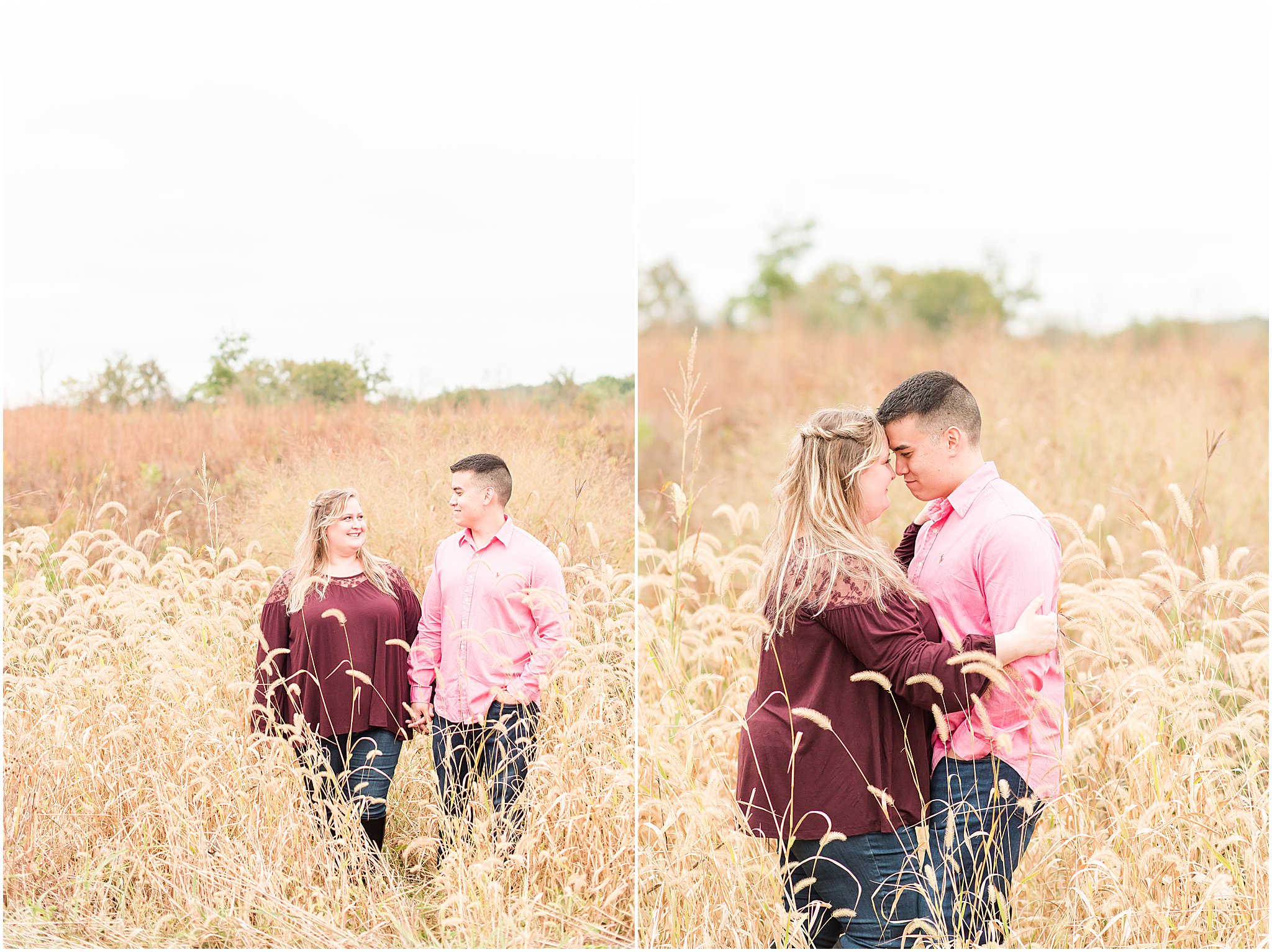 Couple nuzzling nose to nose in a field during Beckley Creek Park engagement session