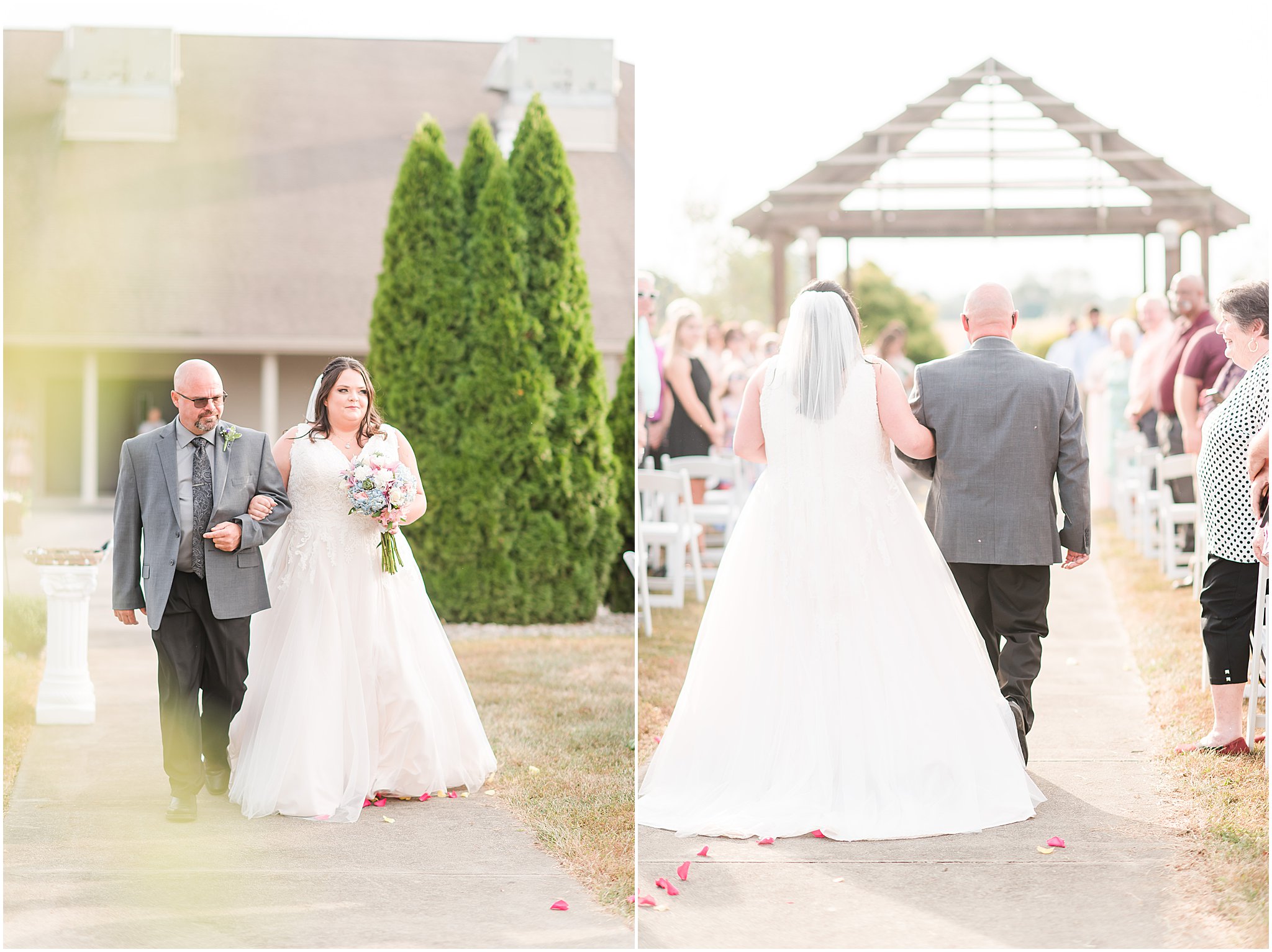Bride walking down the aisle during outdoor ceremony at Cornerstone Hall in Salem, IN