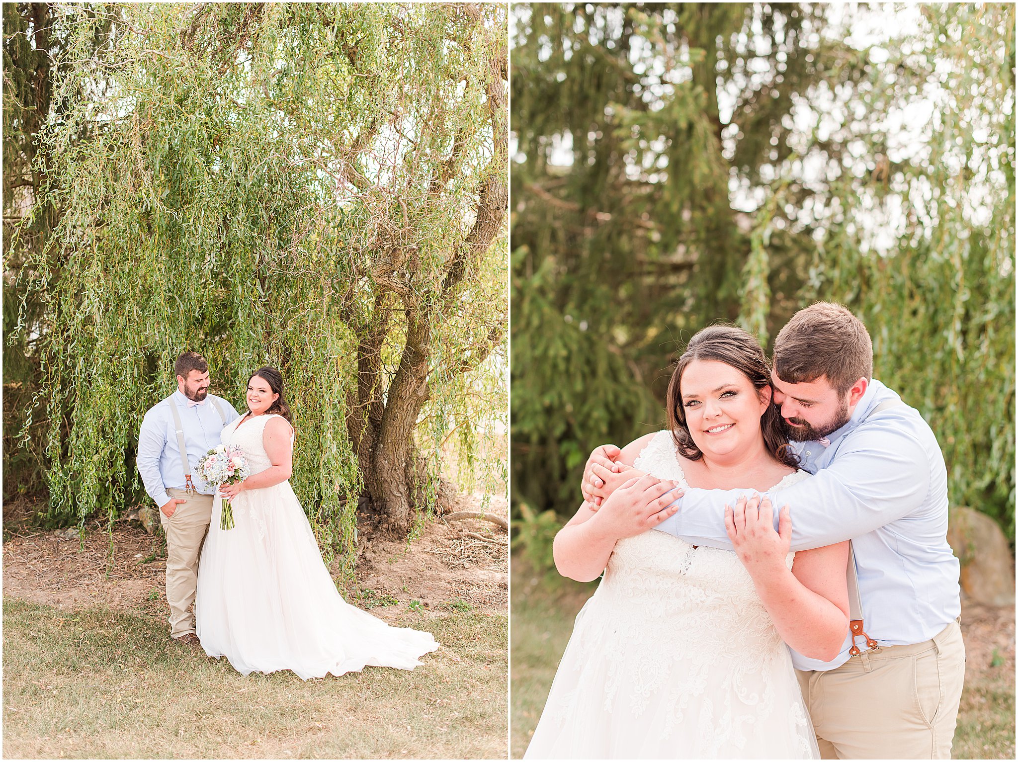 Groom smiling towards bride in front of willow tree at Cornerstone Hall in Salem, IN