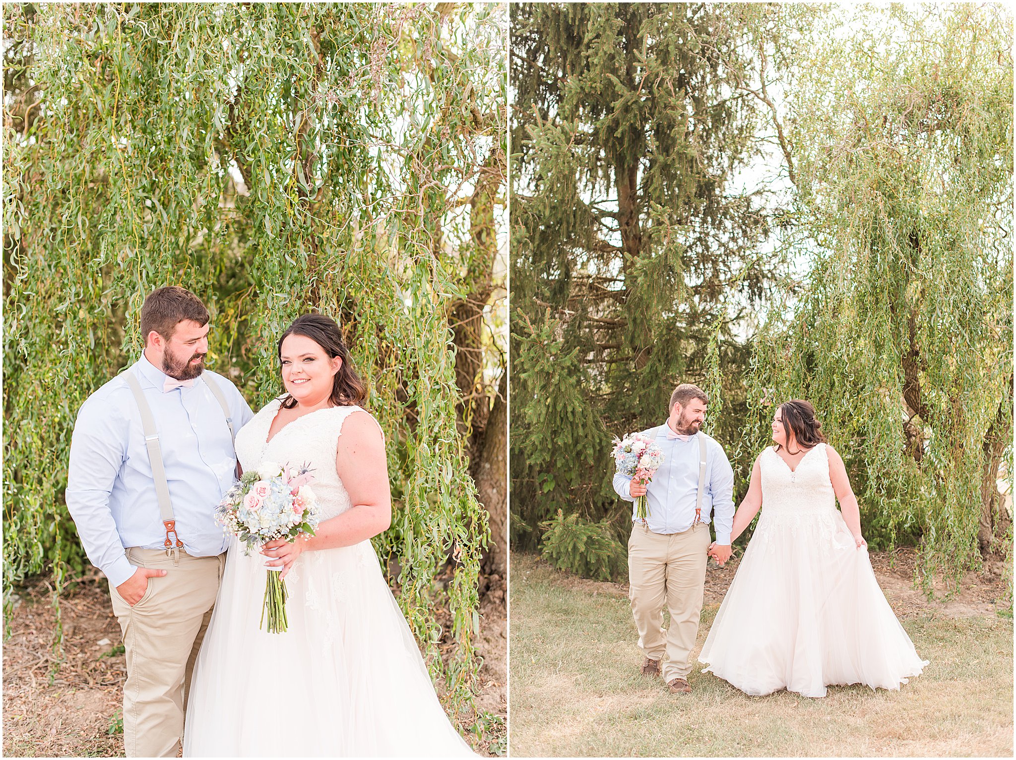 Bride and groom walking in front of willow tree at Cornerstone Hall in Salem, IN