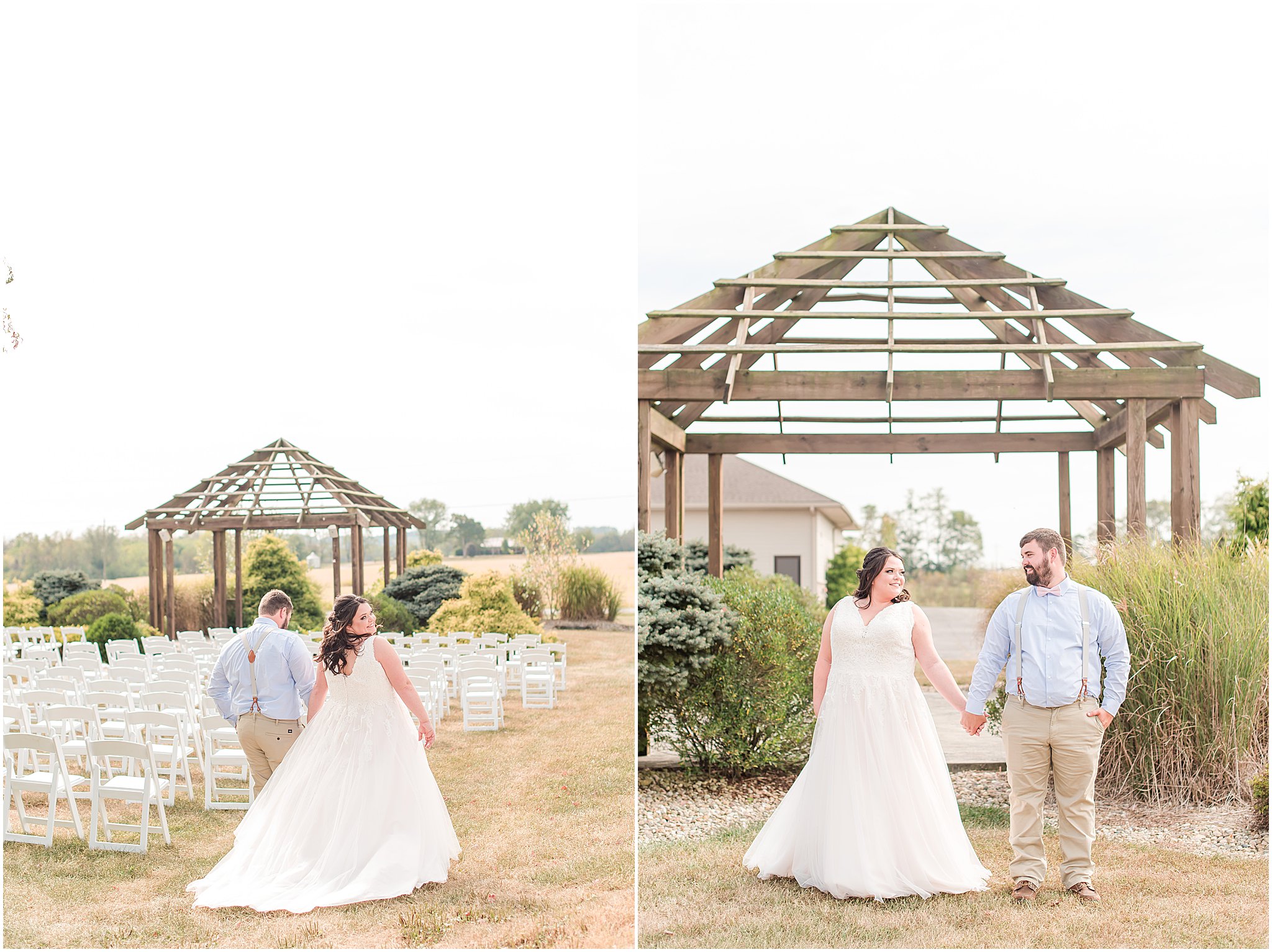 Bride and groom smiling at each other in front of gazebo at Cornerstone Hall in Salem, IN