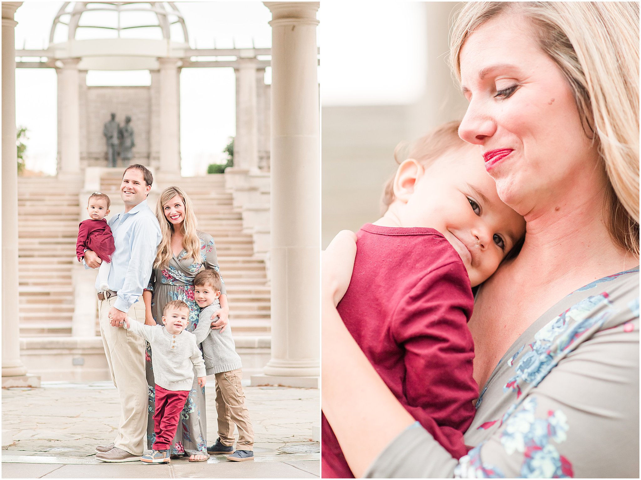 Mom, dad, three toddlers smiling at camera during Coxhall Gardens family session 