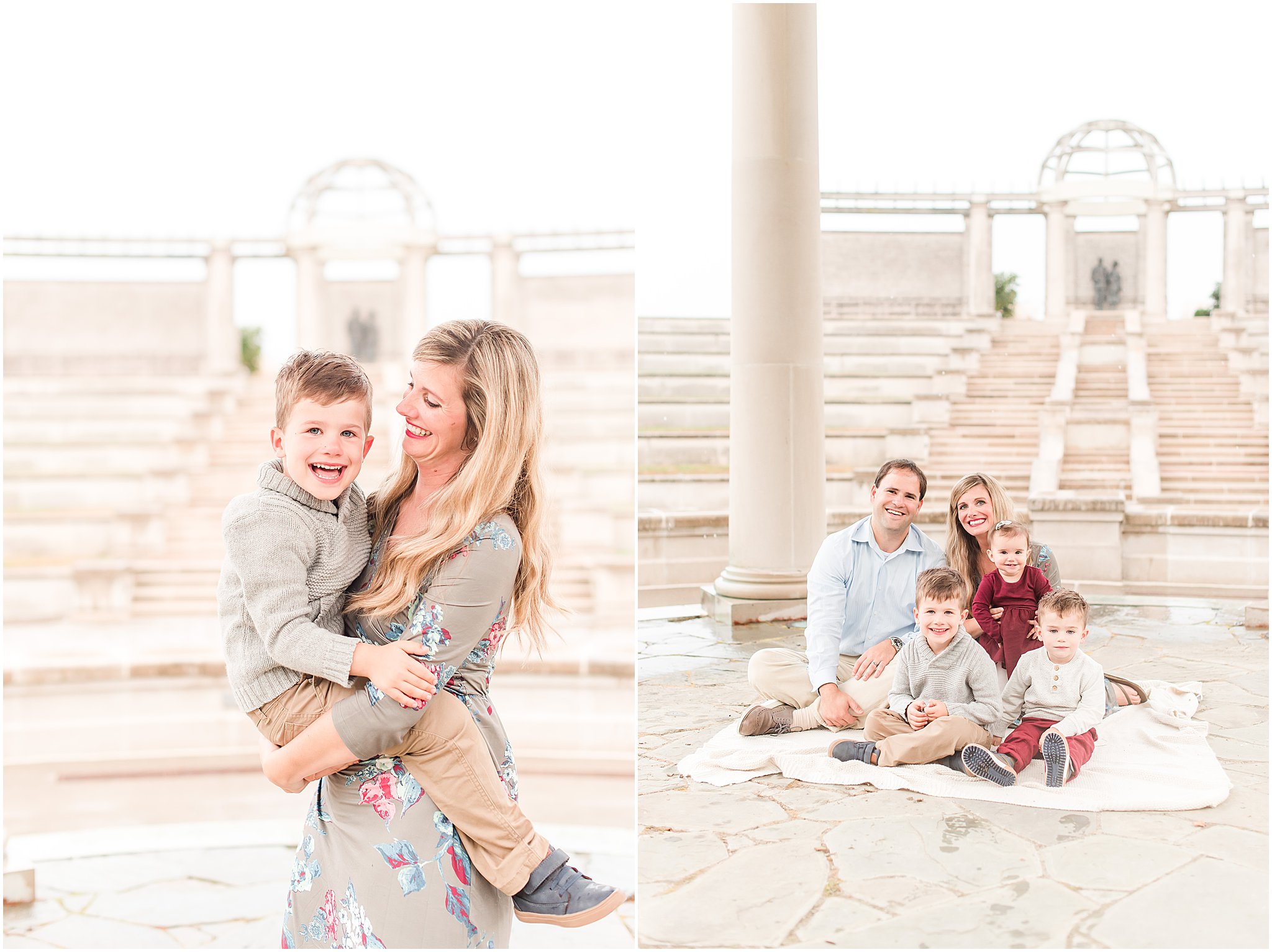 Mom, dad, three toddlers smiling at camera during Coxhall Gardens family session 