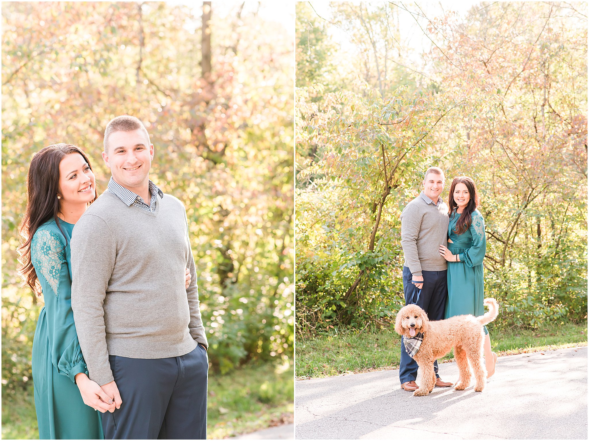 Couple and dog smiling at camera during Eagle Creek Park couples session