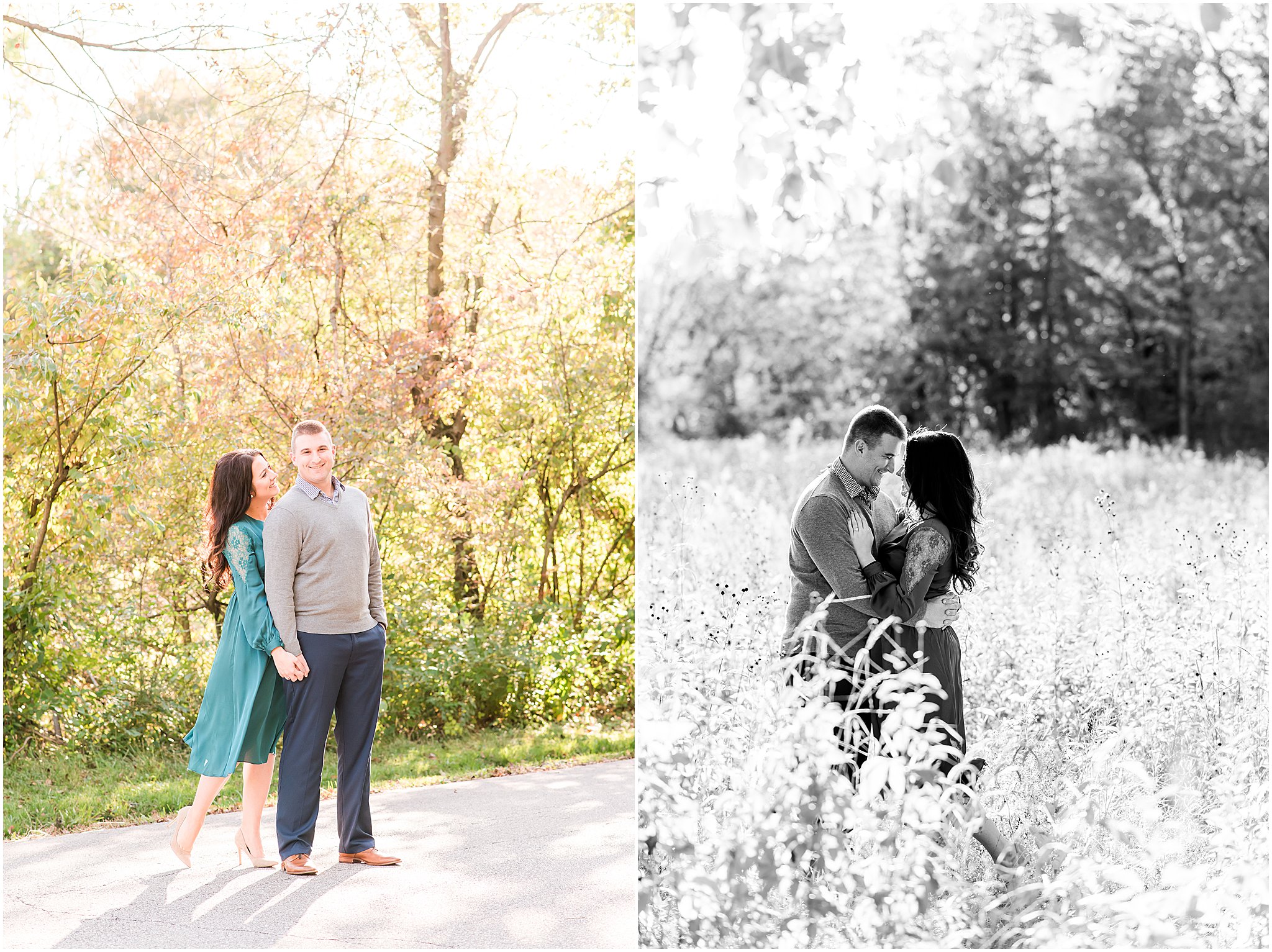 Couple nuzzling nose to nose in a field during Eagle Creek Park couples session