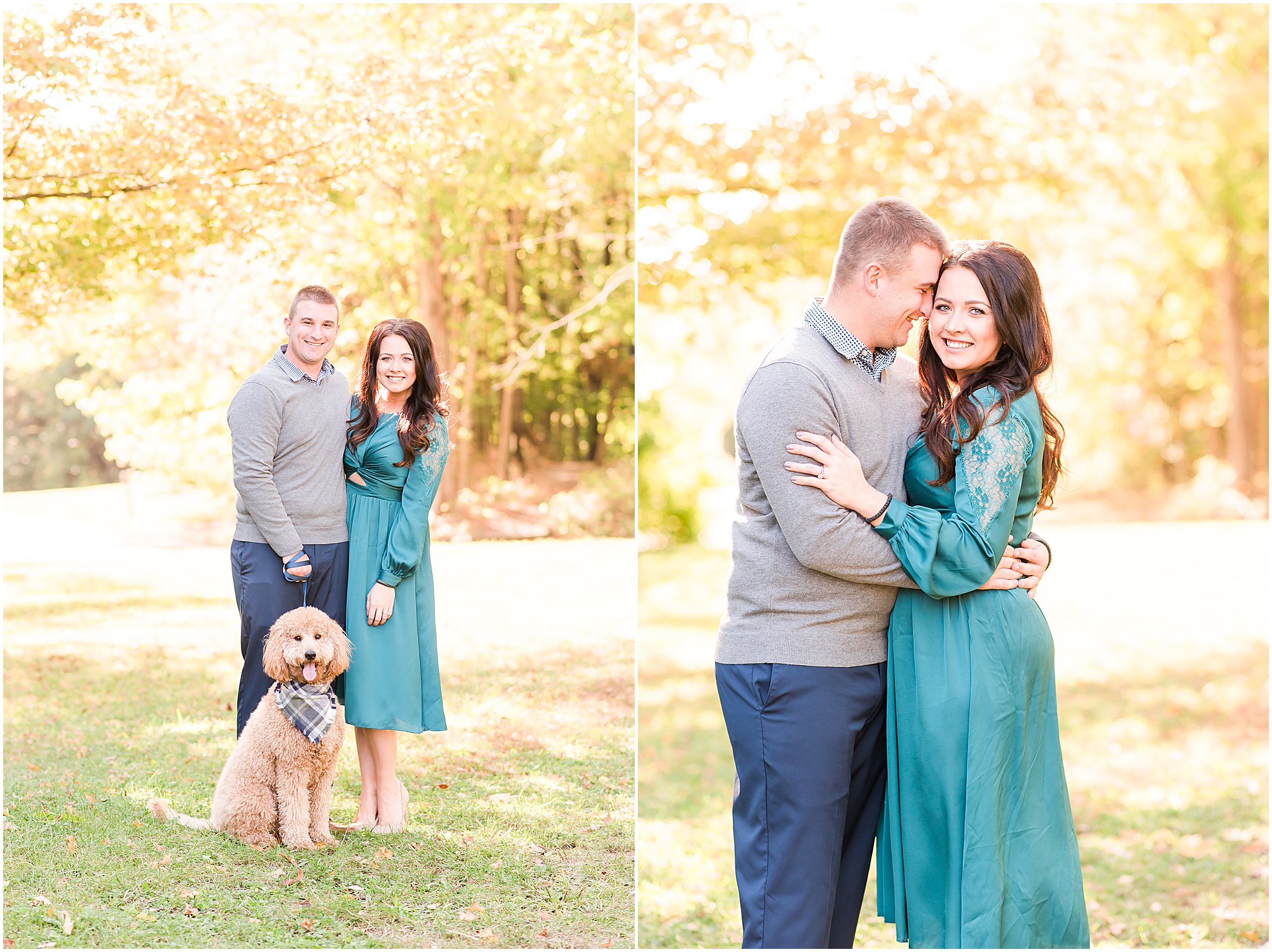 Couple and dog smiling at camera during Eagle Creek Park couples session