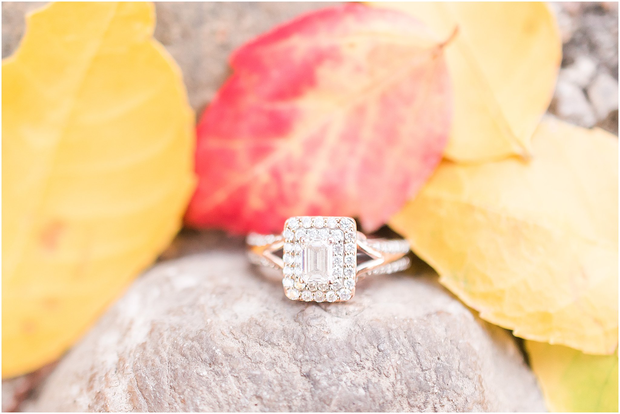 Engagement ring in front of red and yellow leaves during Lockerbie Square engagement session