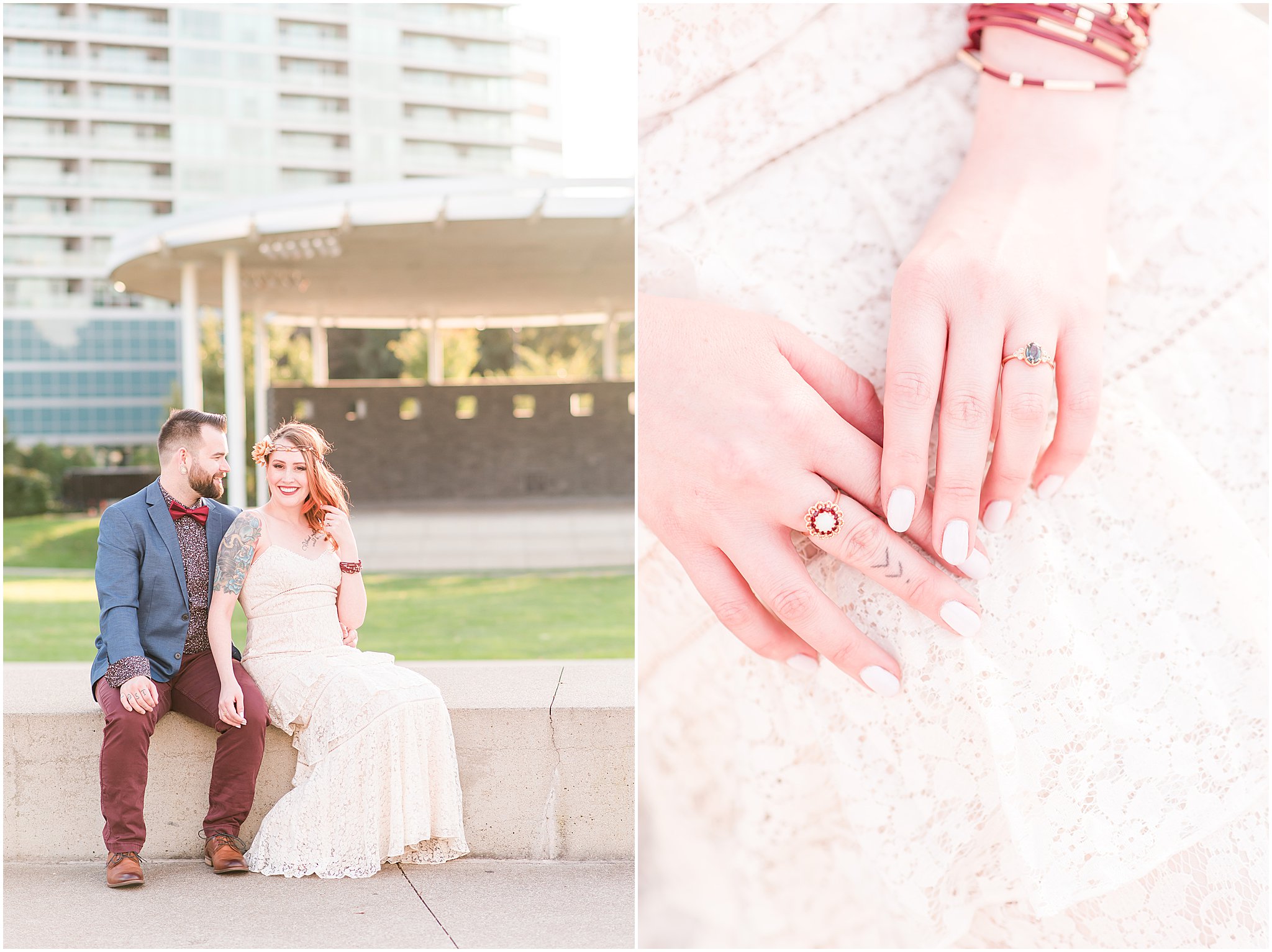 Woman in boho wedding dress during Scioto Mile engagement session