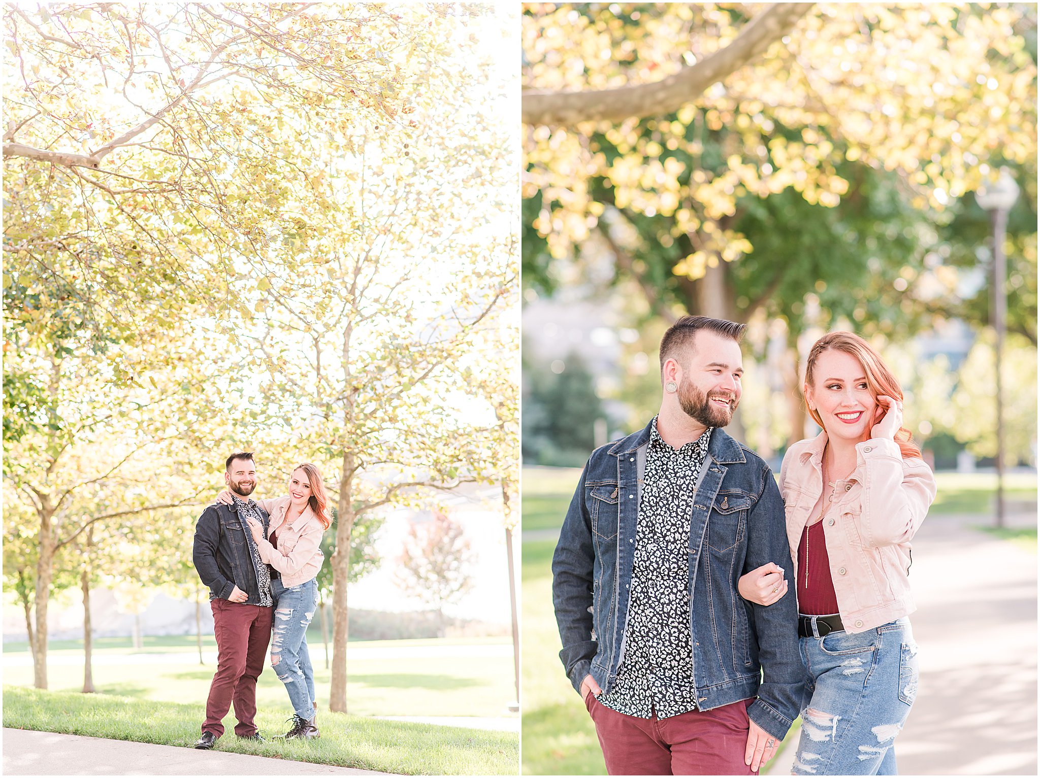 Man smiling at laughing woman during Scioto Mile engagement session