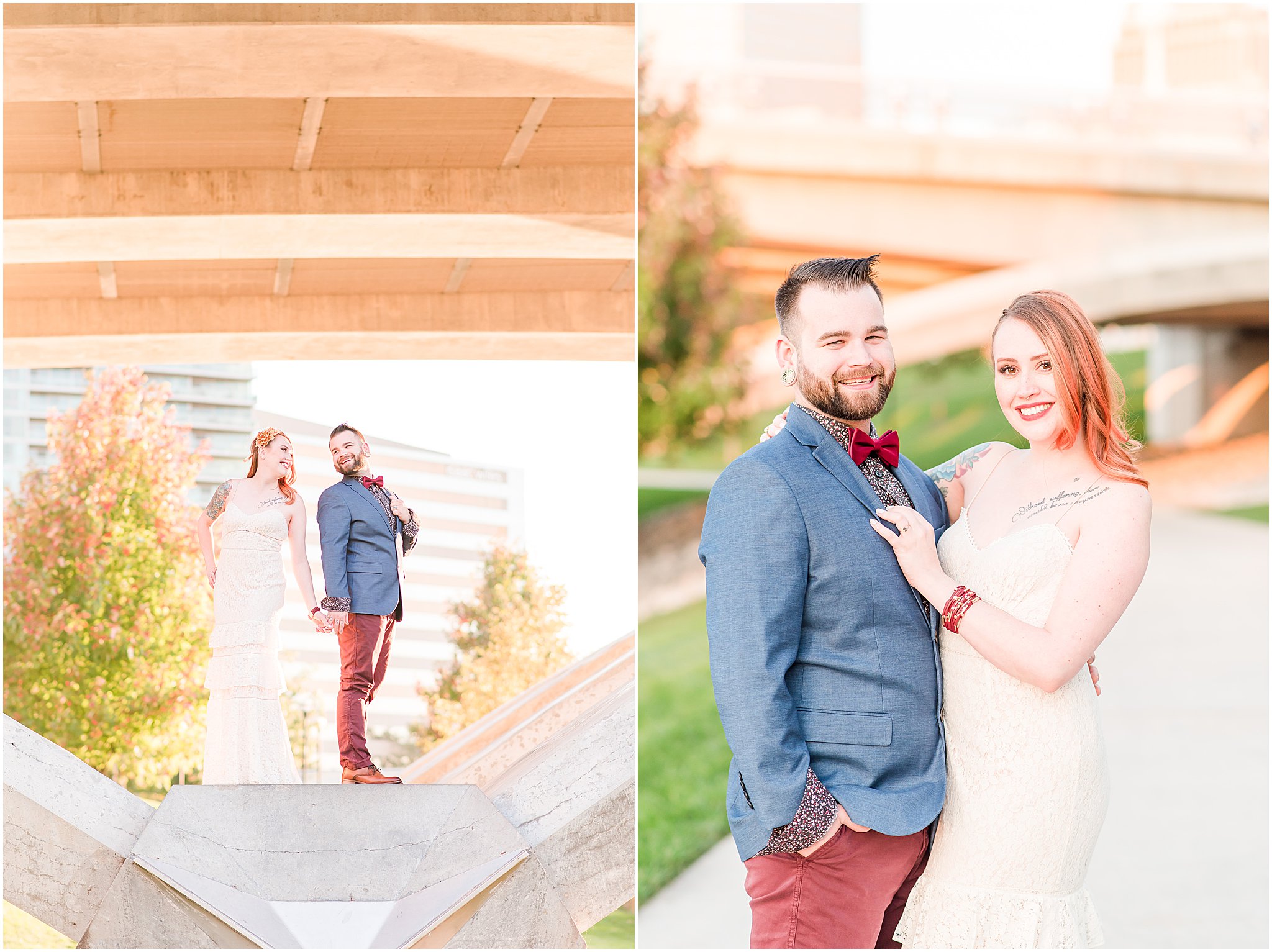 Couple smiling over shoulders at each other during Scioto Mile engagement session