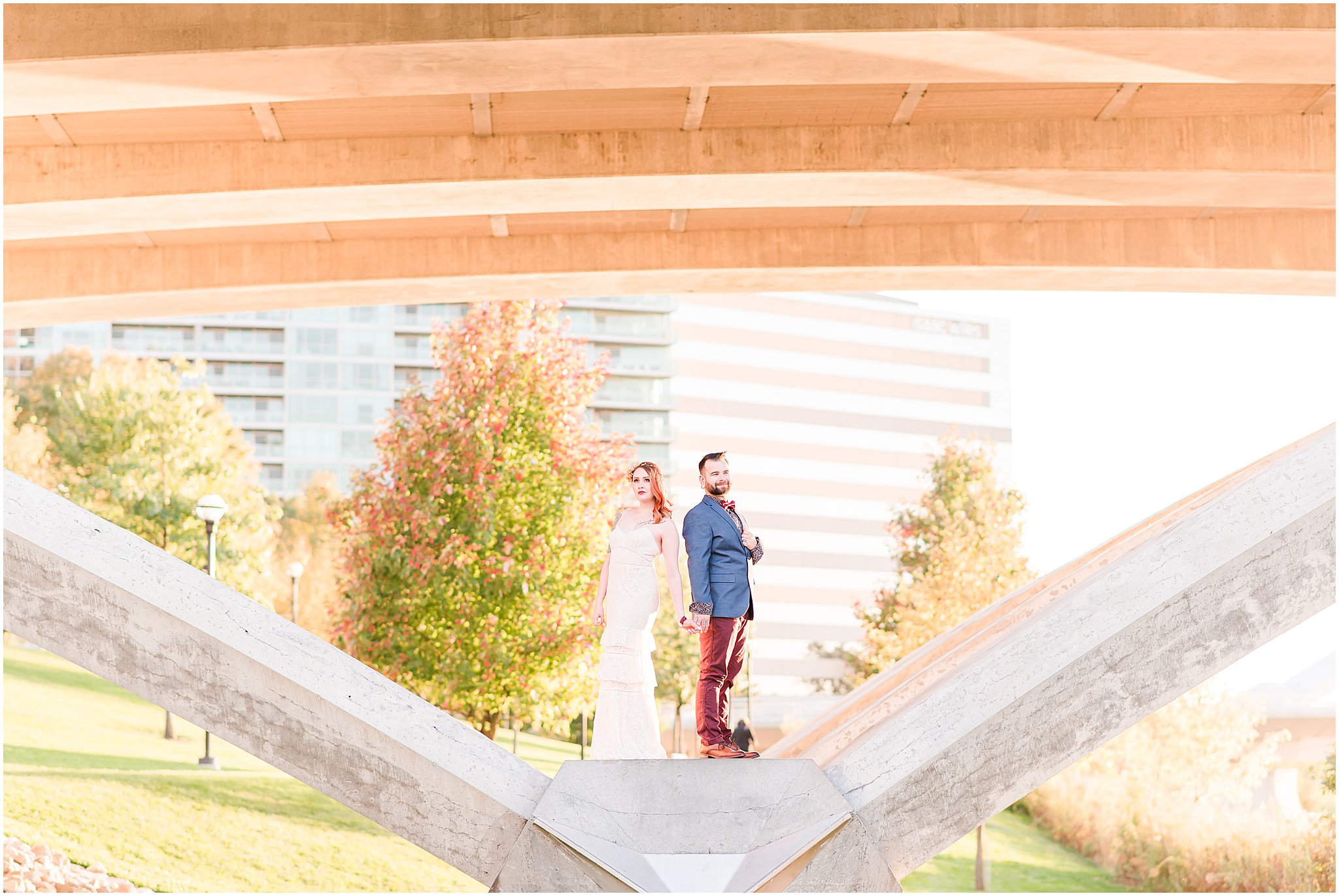 Couple model pose during Scioto Mile engagement session