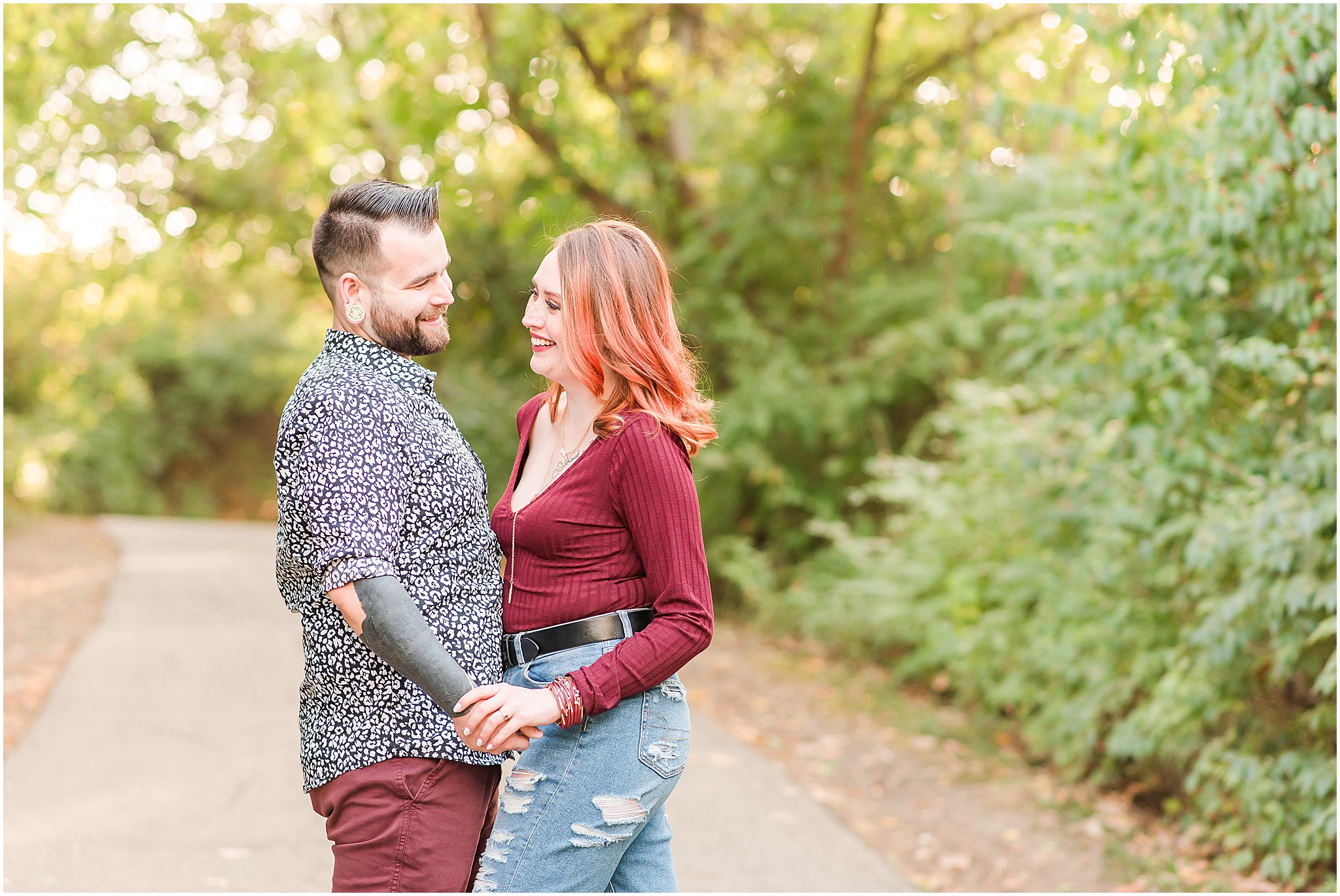Couple smiling at each other during Scioto Mile engagement session
