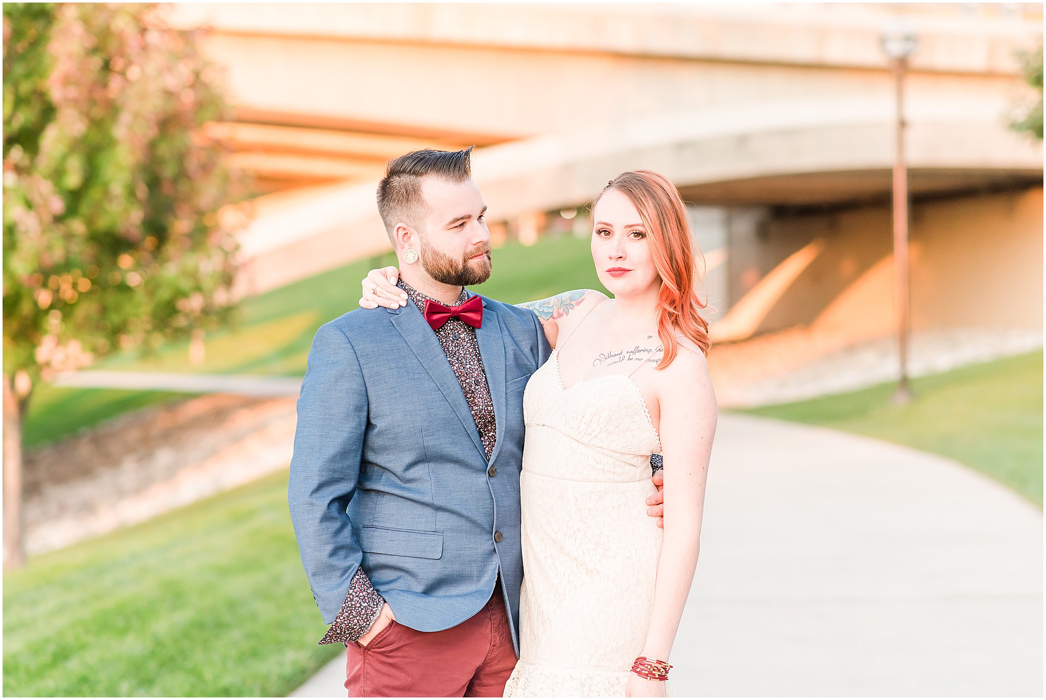 Couple model pose during Scioto Mile engagement session