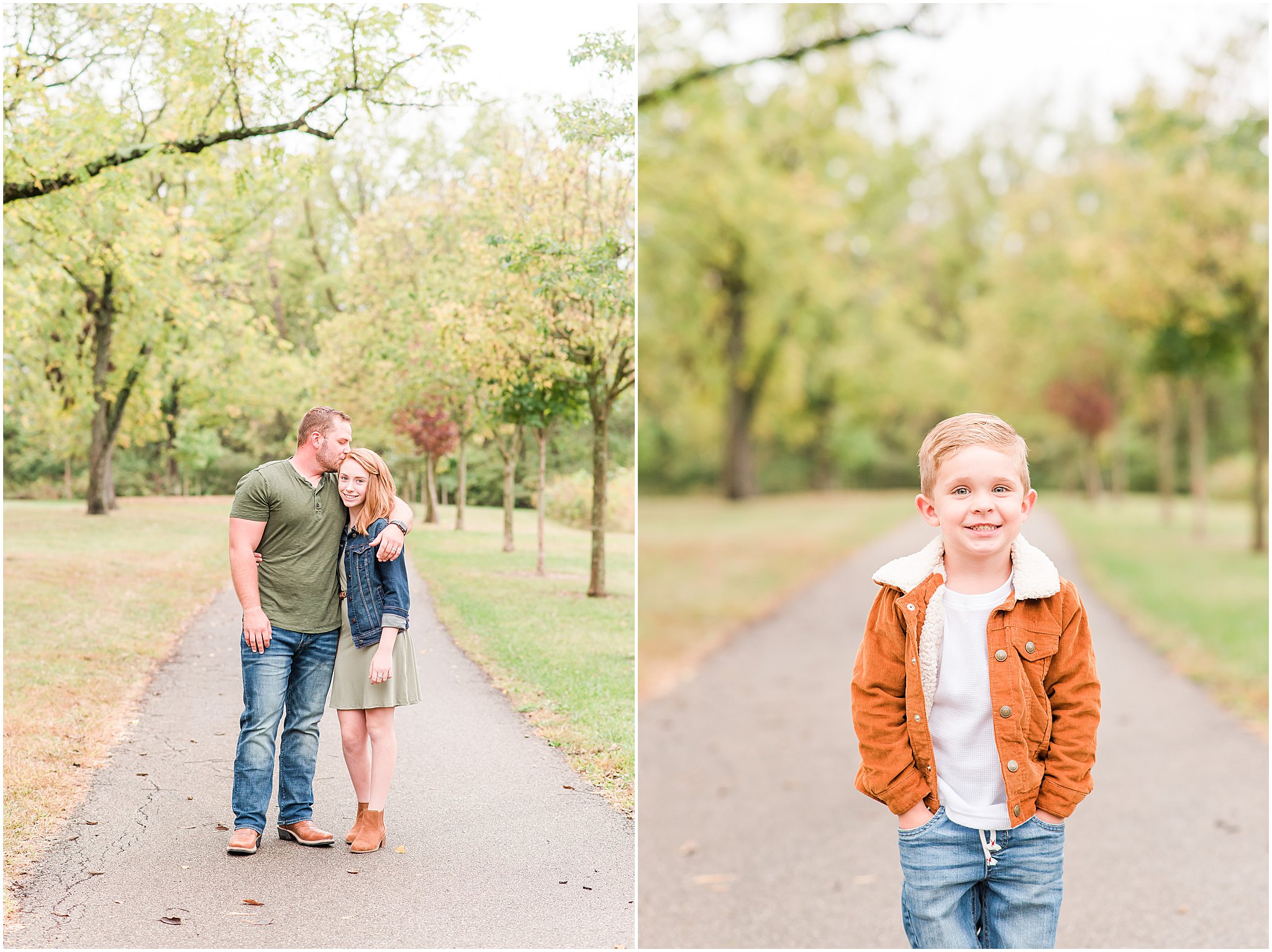 Toddler with hands in pockets smiling at camera during Southeastway Park family session