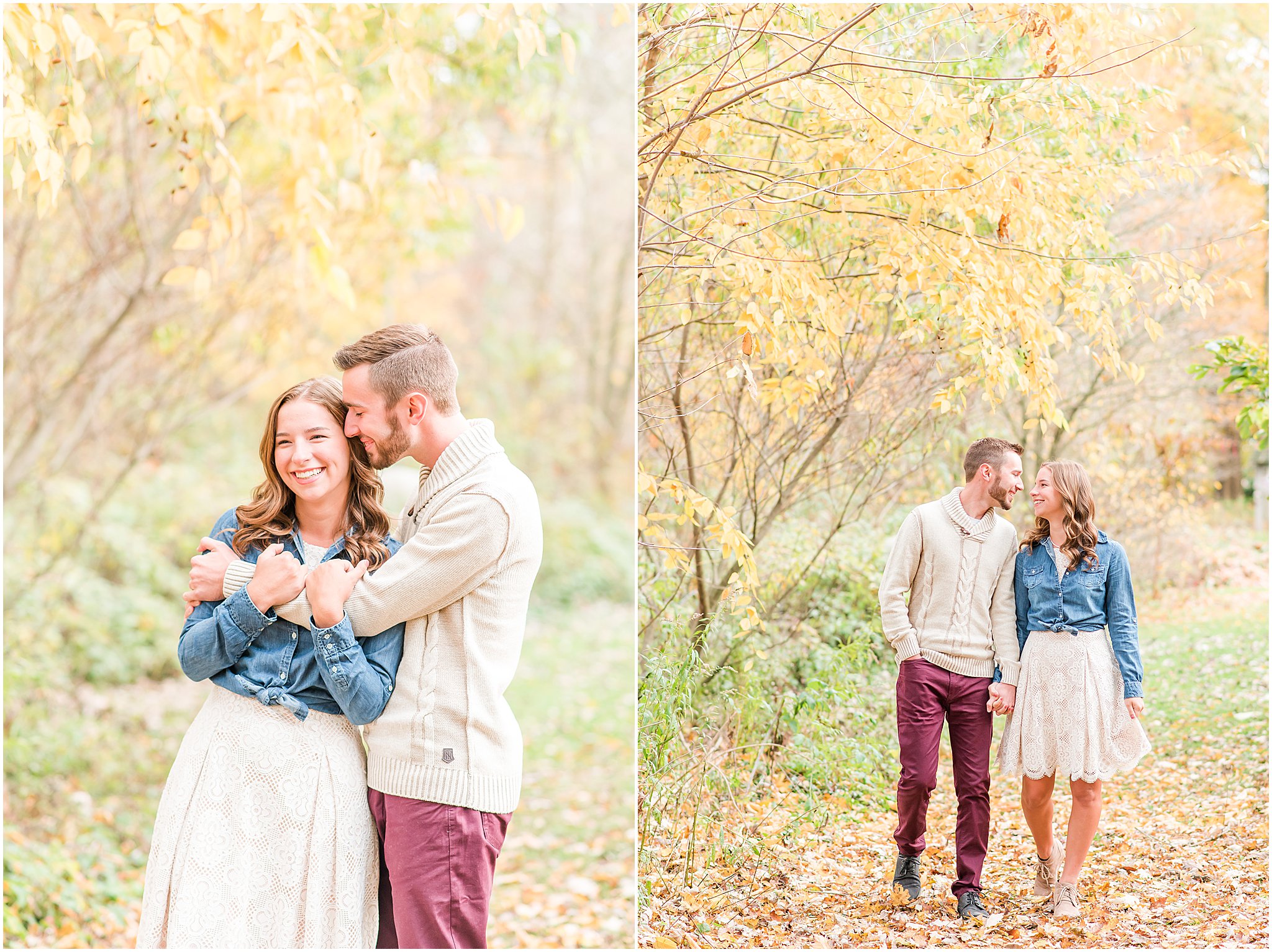 Couple walking and laughing at each other during Defries Gardens engagement session