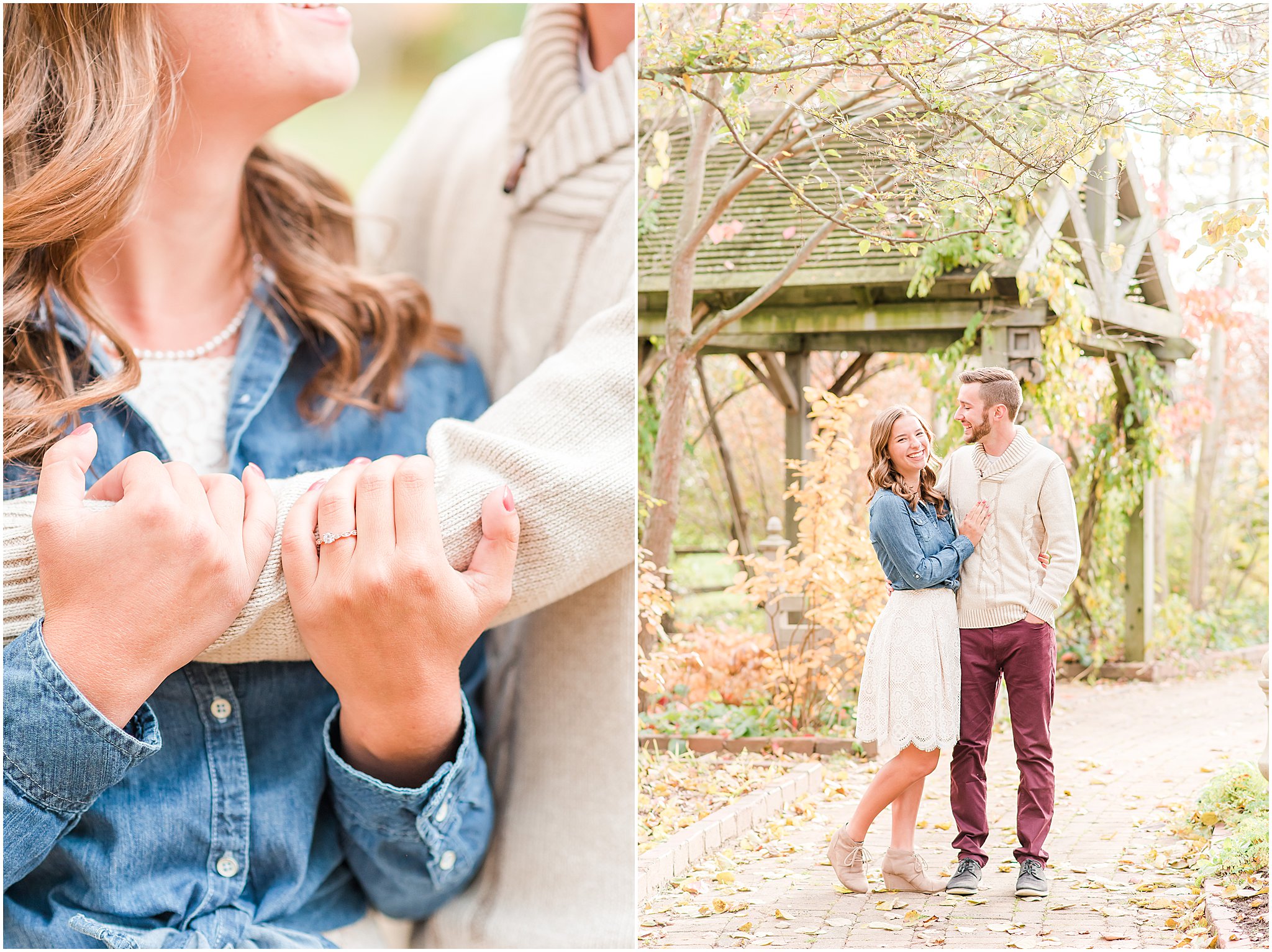 Girl smiling at camera while hugging boy during Defries Gardens engagement session