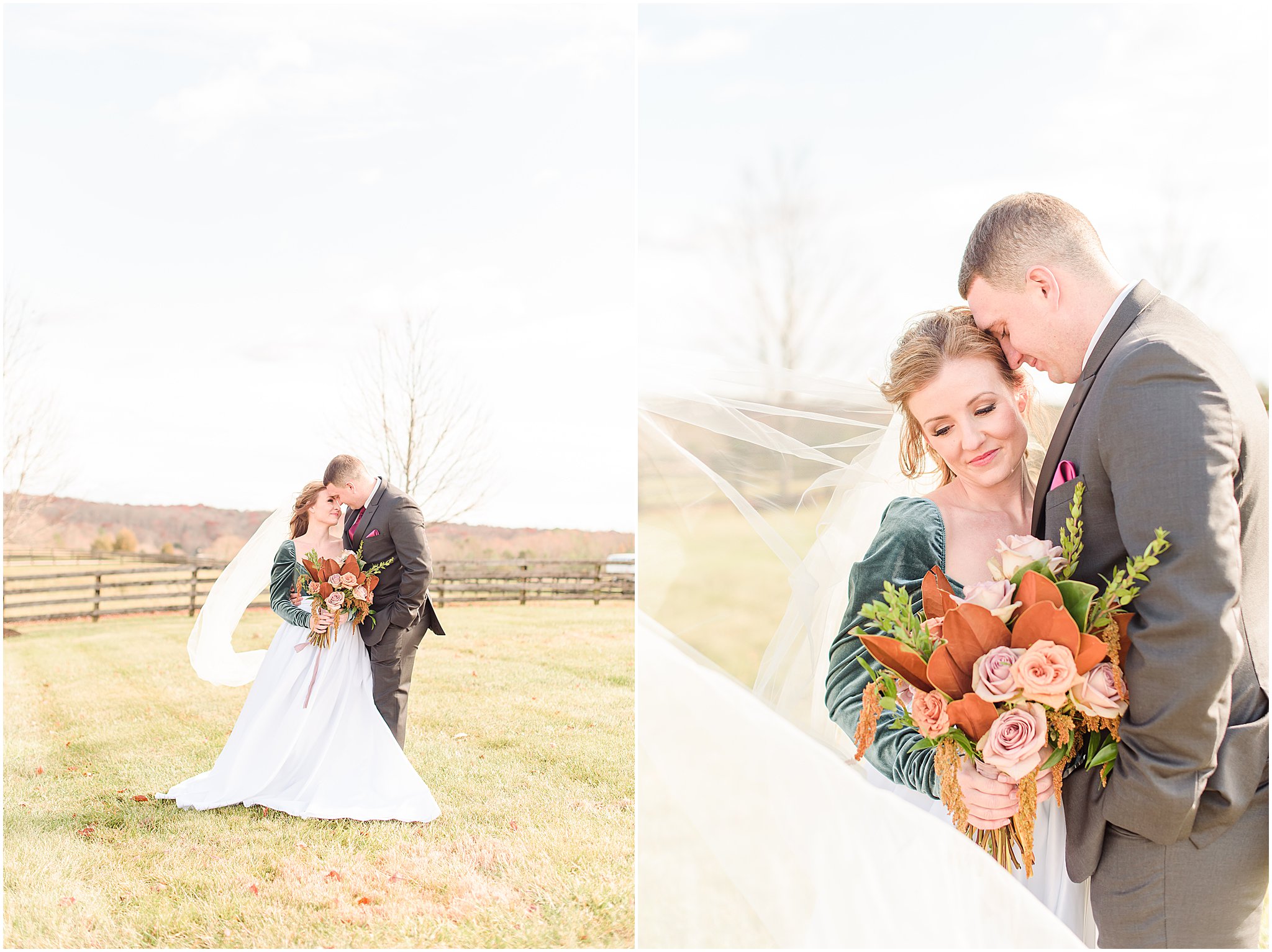 Bride and groom nuzzling with veil blowing in the wind Mount Ida Farm wedding