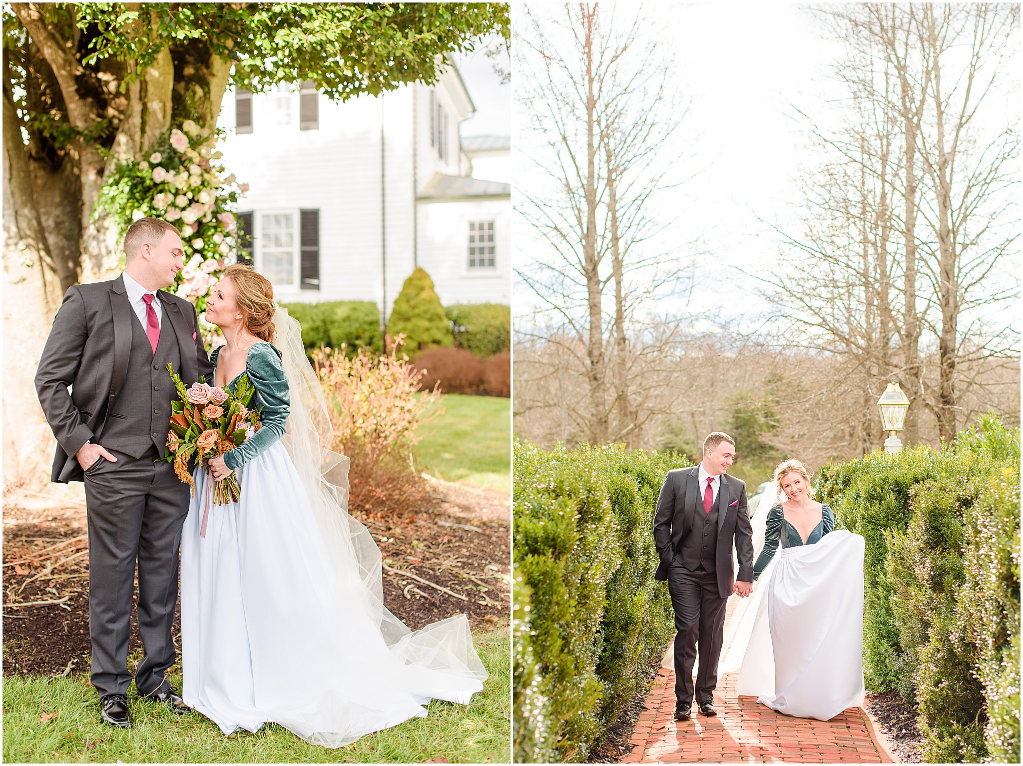 Bride and groom holding hands, walking and laughing during Mount Ida Farm wedding