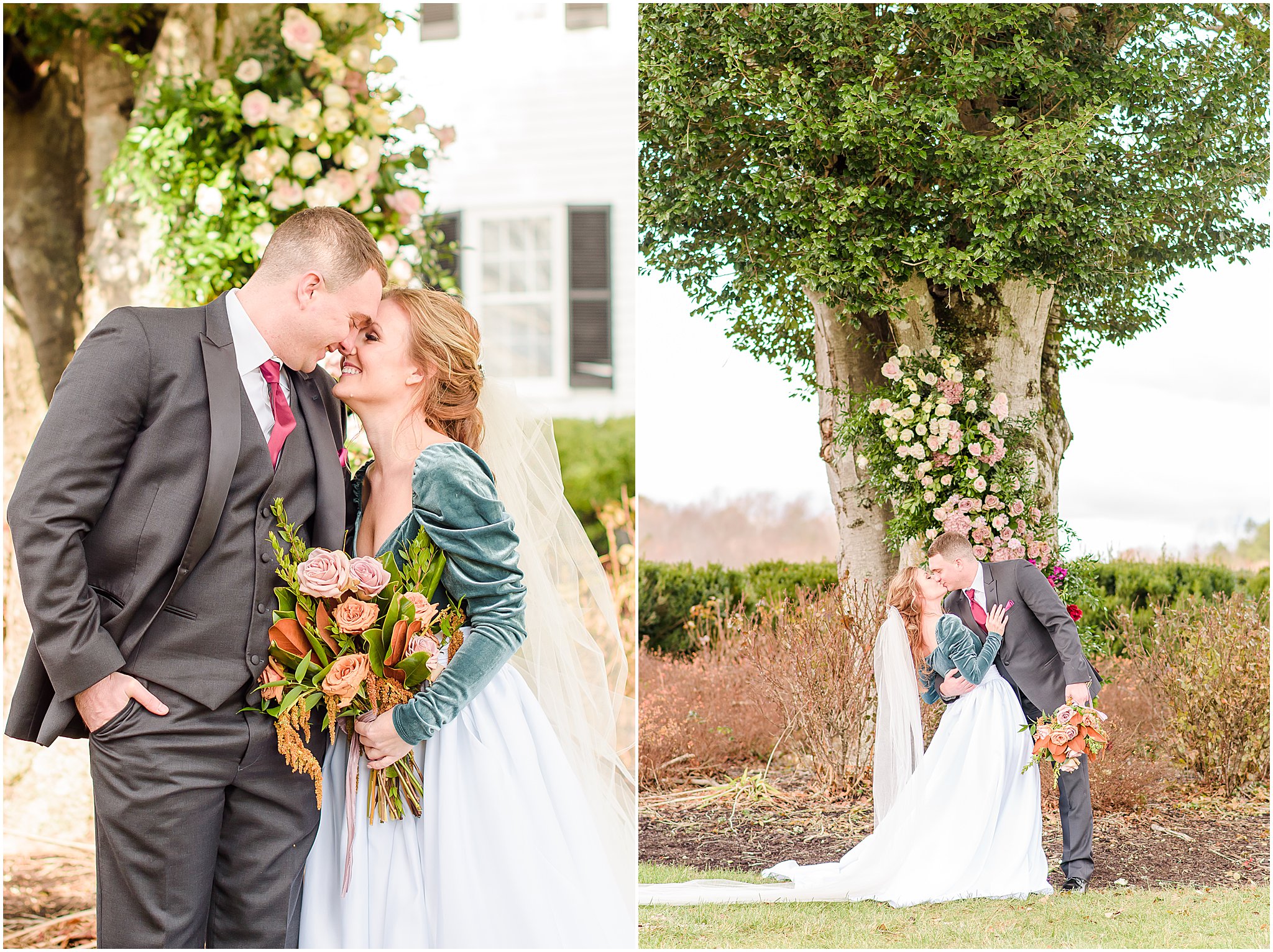Bride and groom kissing in front of ceremony site Mount Ida Farm wedding