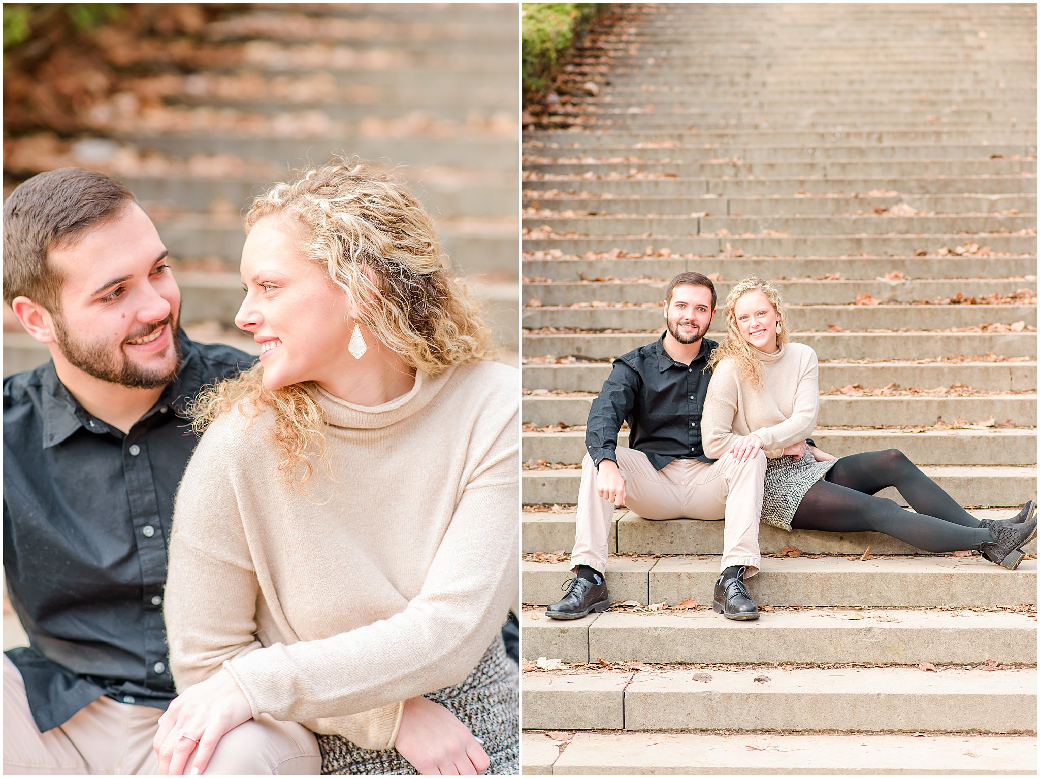 Couple sitting on stairs and smiling at camera during Holcomb Gardens engagement session