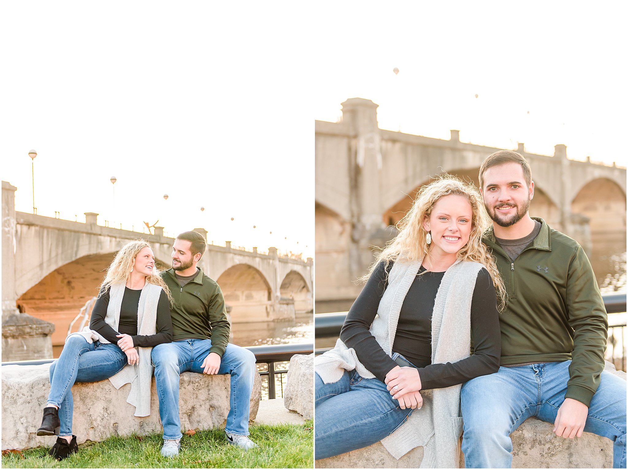 Couple sitting and smiling at camera during Indianapolis Canal Engagement Session