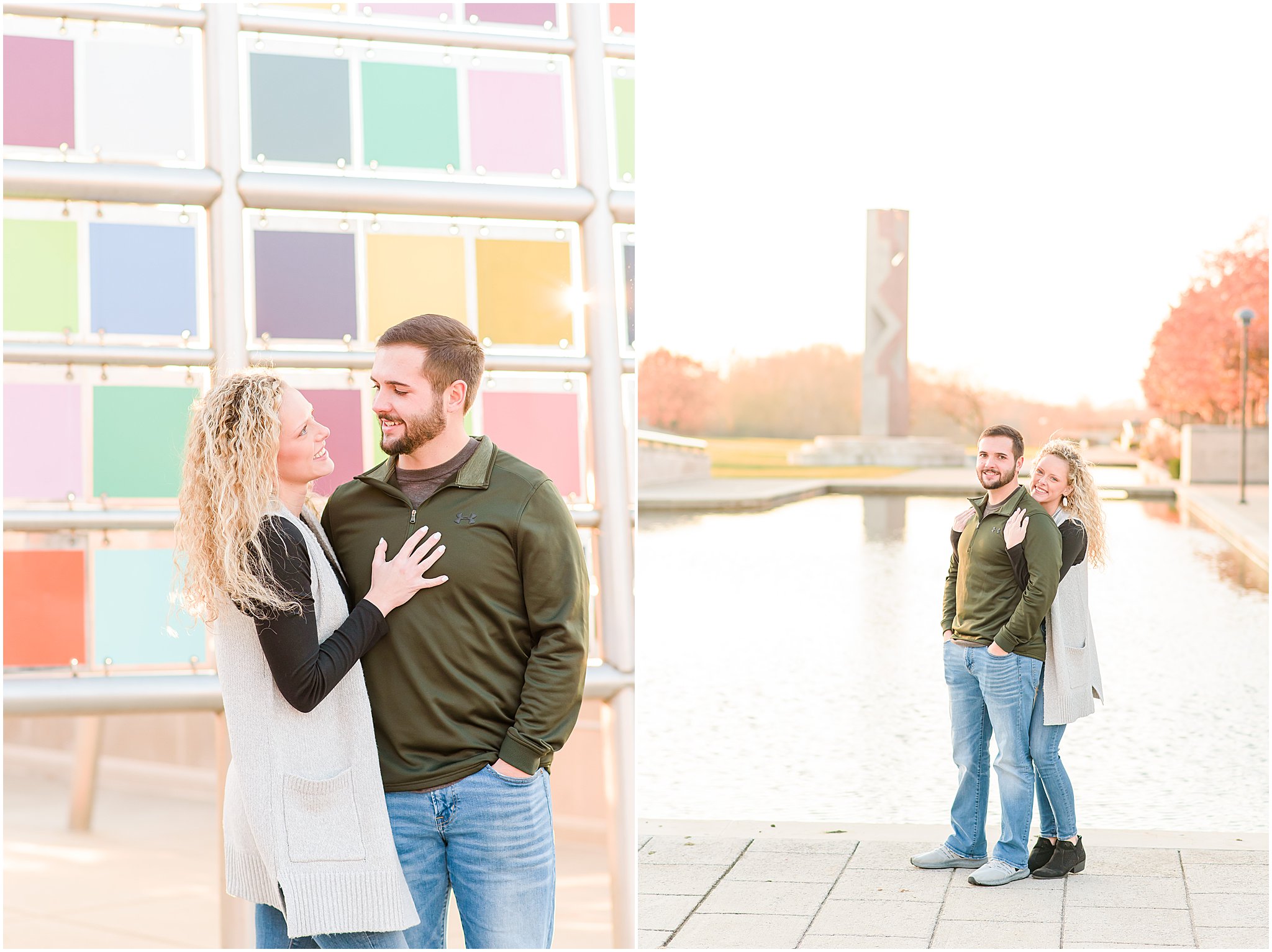 Couple smiling at camera during Indianapolis Canal Engagement Session