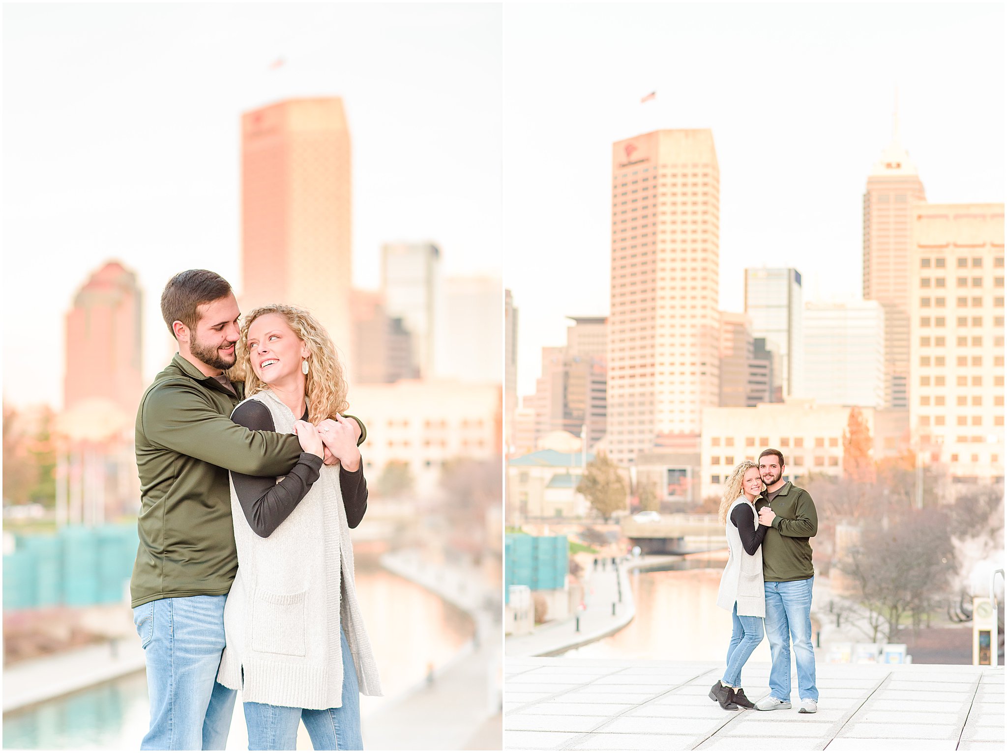 Couple cuddling at smiling at each other in front of Indianapolis skyline during Indianapolis Canal Engagement Session